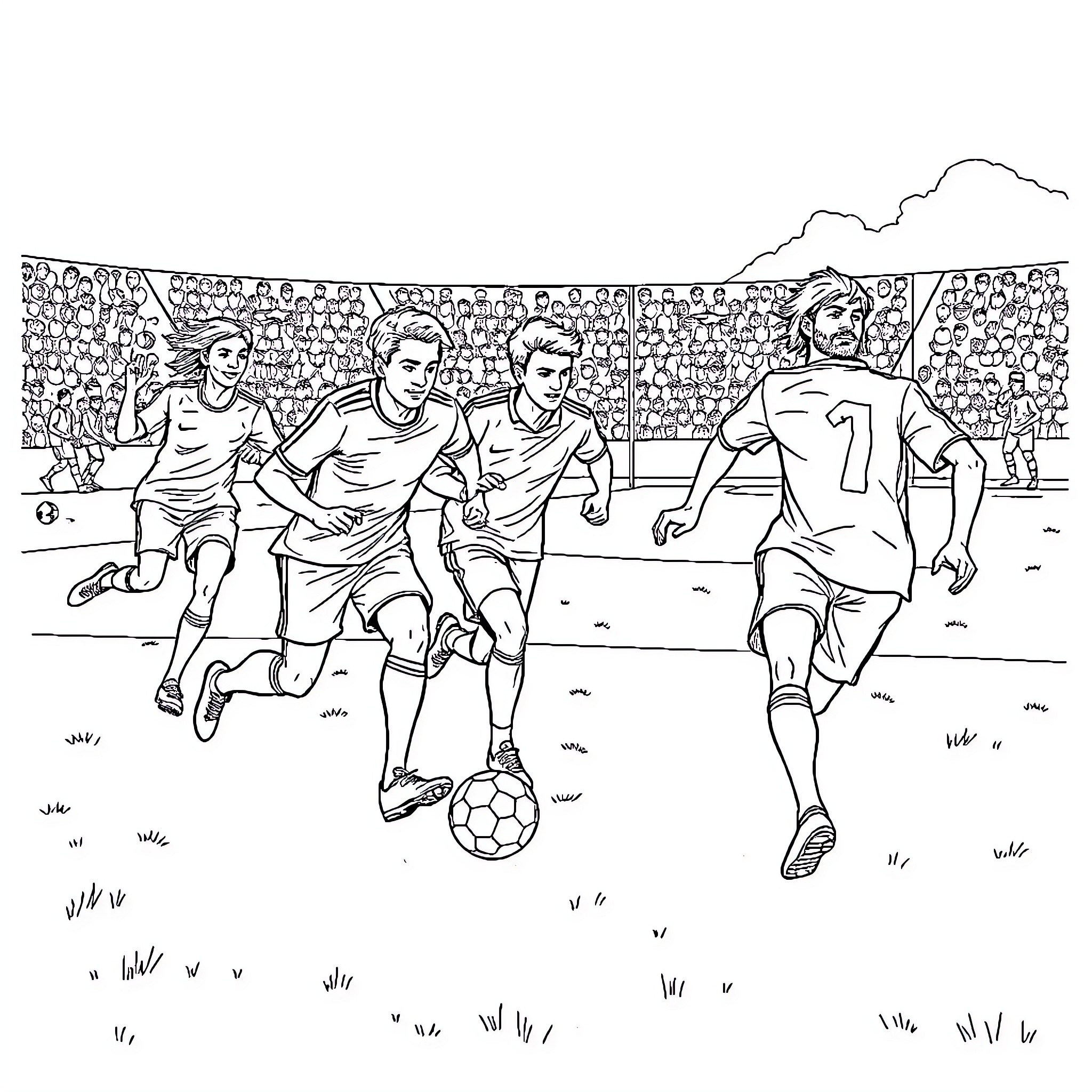 Soccer players in action on the field Coloring Page (free black-and-white line drawing printable PDF for all, from beginners to advanced learners, including children, teens, adults, and seniors)