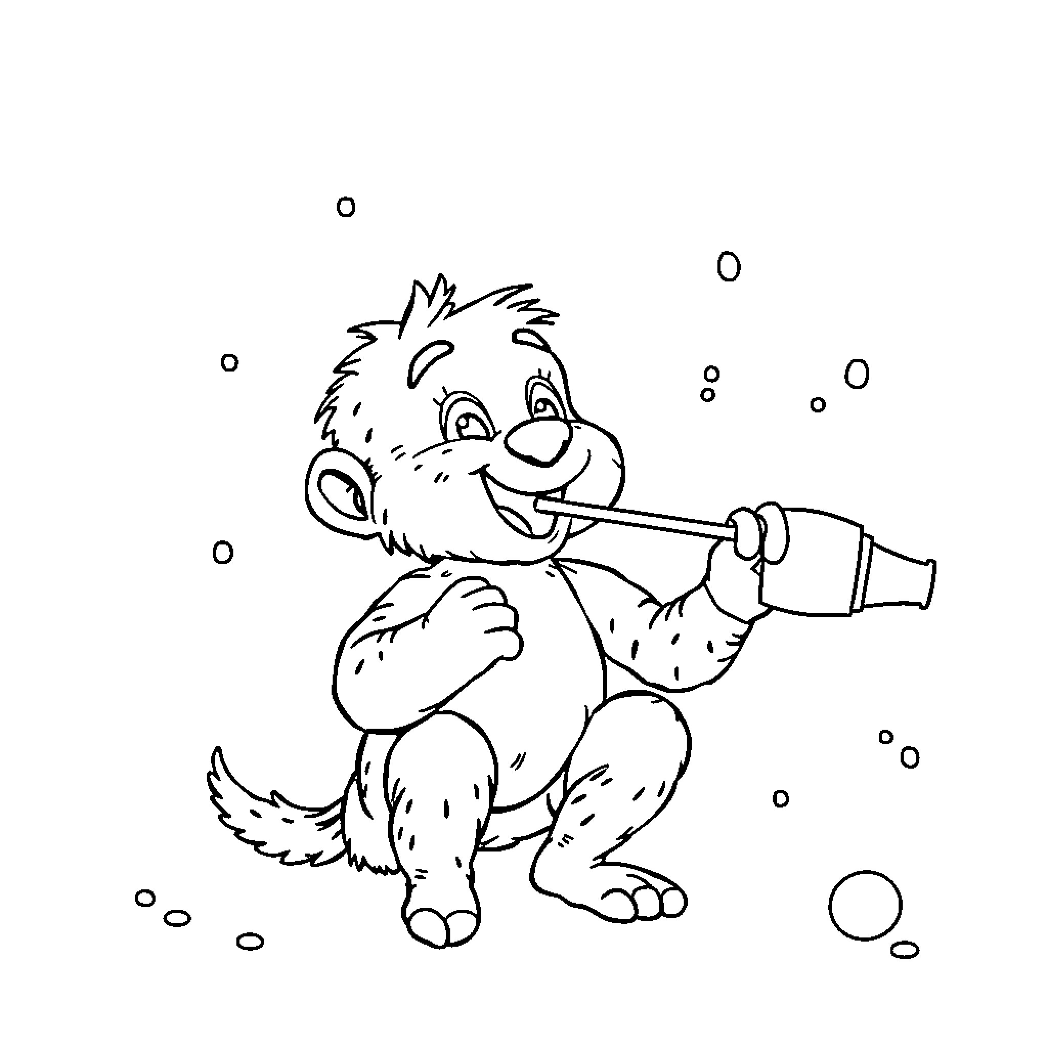 Boy playing happily with a pipe in the snow Coloring Page (free black-and-white line drawing printable PDF for all, from beginners to advanced learners, including children, teens, adults, and seniors)