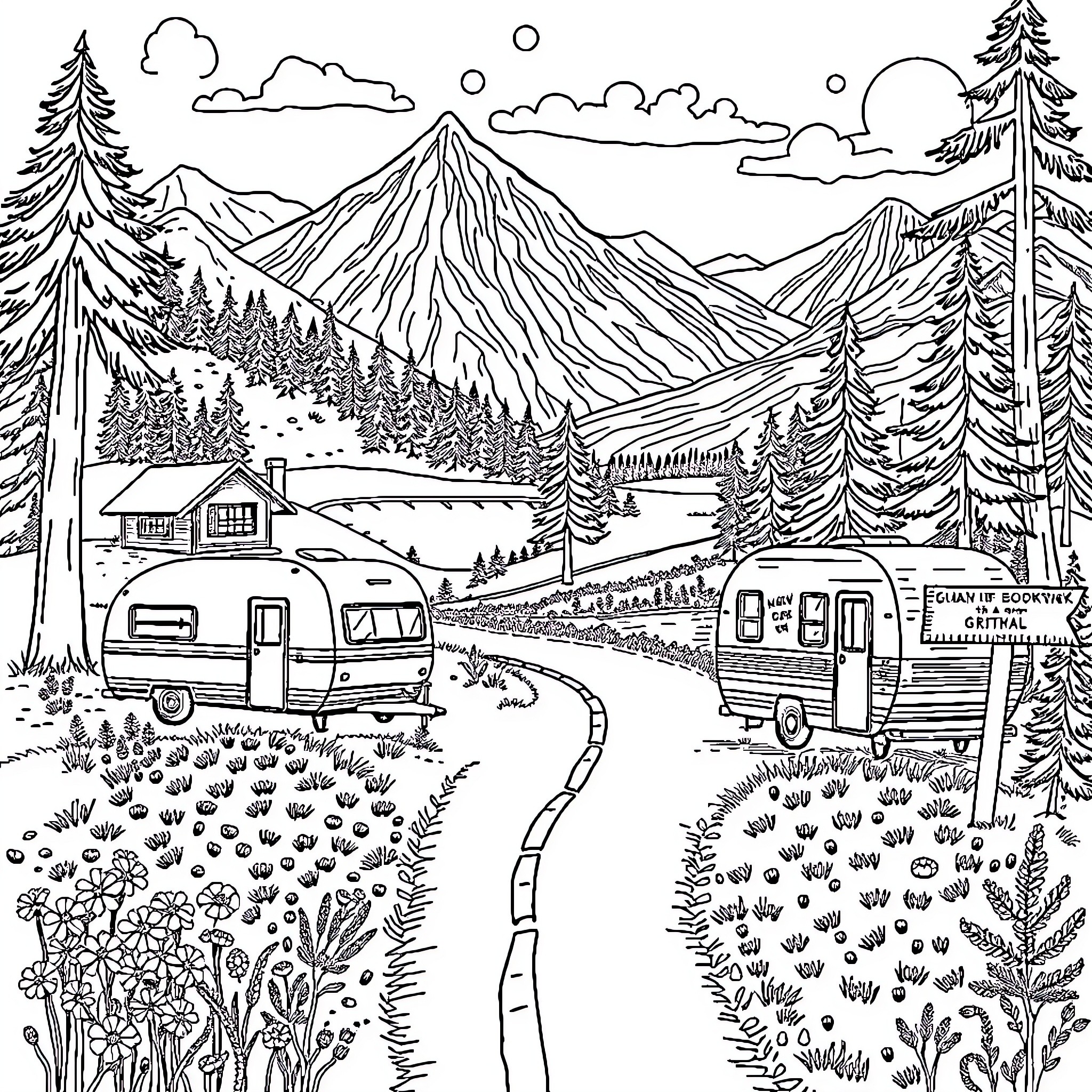 Road Trip Through Scenic Mountain Landscape Coloring Page (free black-and-white line drawing printable PDF for all, from beginners to advanced learners, including children, teens, adults, and seniors)