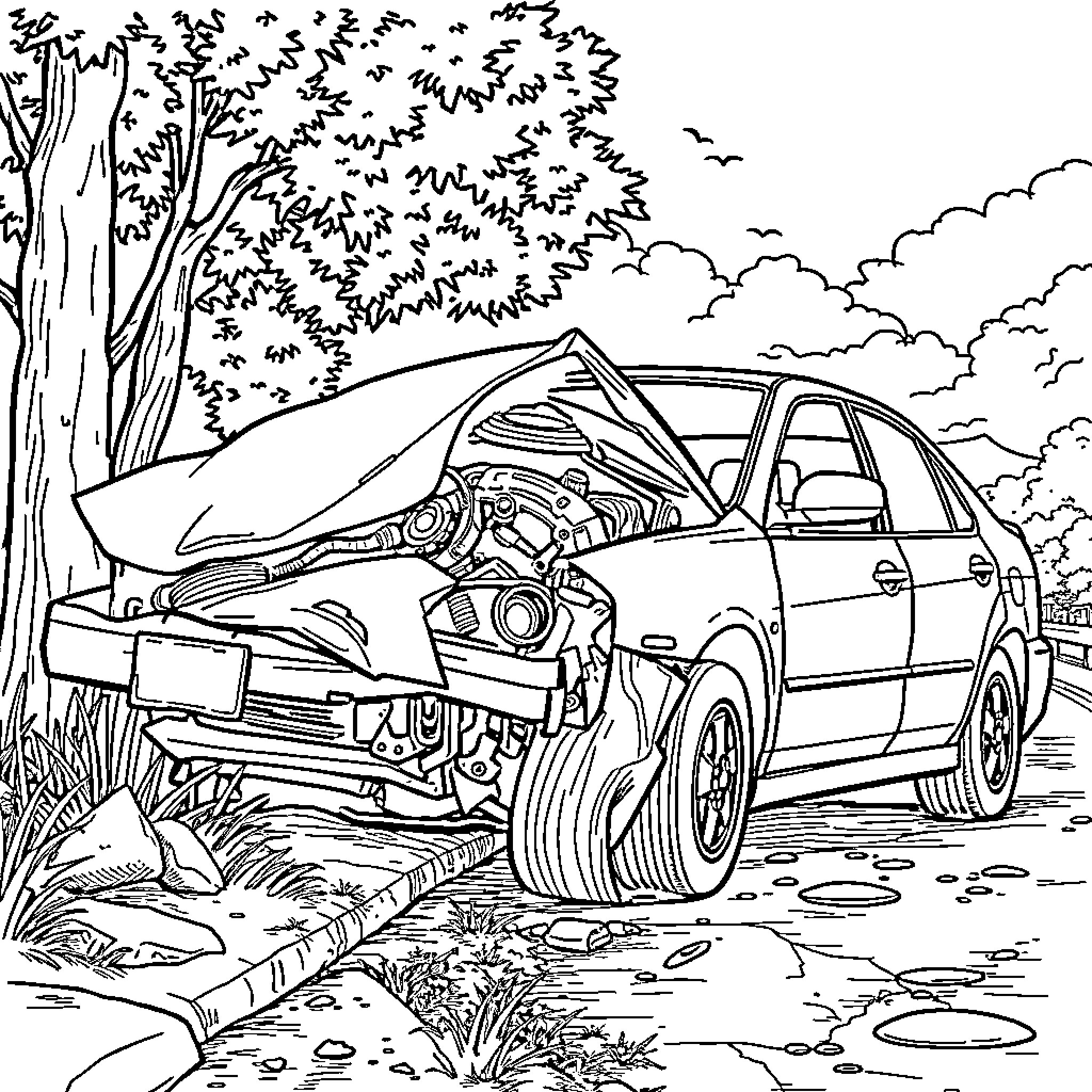 Car crash scene in the forest Coloring Page (free black-and-white line drawing printable PDF for all, from beginners to advanced learners, including children, teens, adults, and seniors)