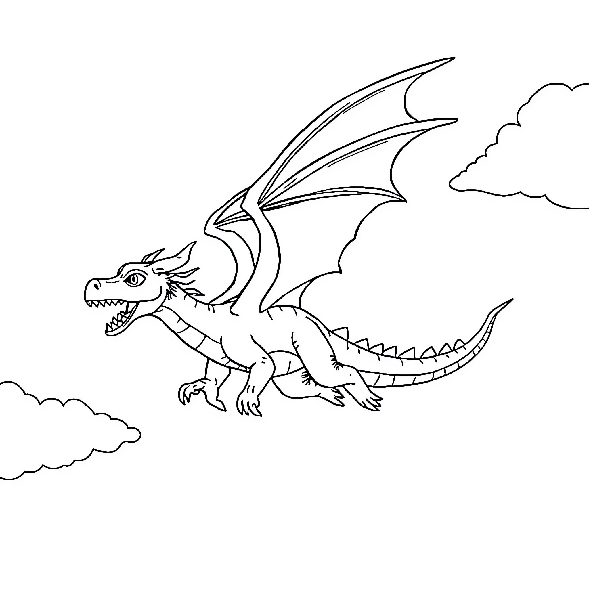 Dragon flying through the cloudy sky Coloring Page (free black-and-white line drawing printable PDF for all, from beginners to advanced learners, including children, teens, adults, and seniors)