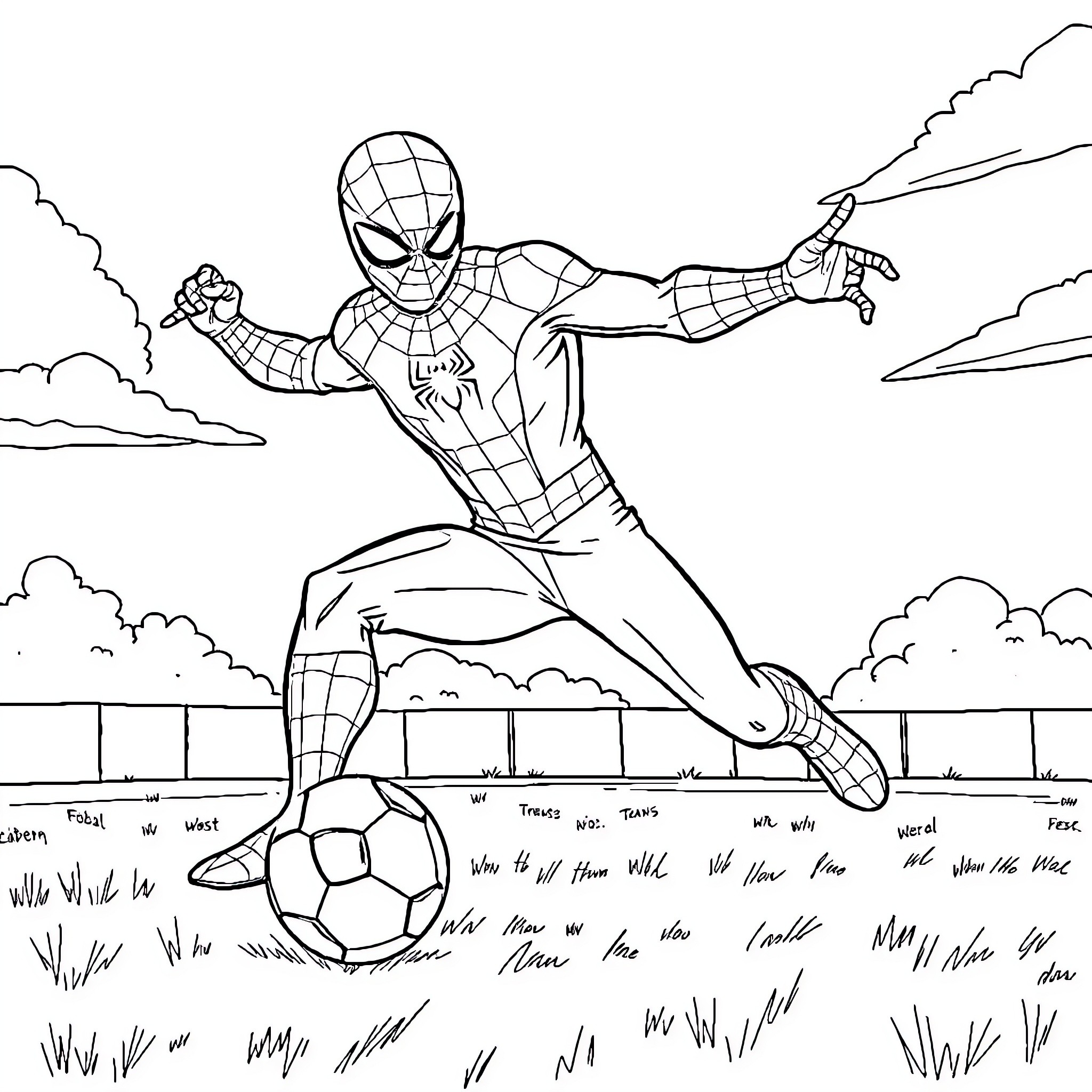 Spider-Man Dribbling Soccer Ball in Field Coloring Page (free black-and-white line drawing printable PDF for all, from beginners to advanced learners, including children, teens, adults, and seniors)