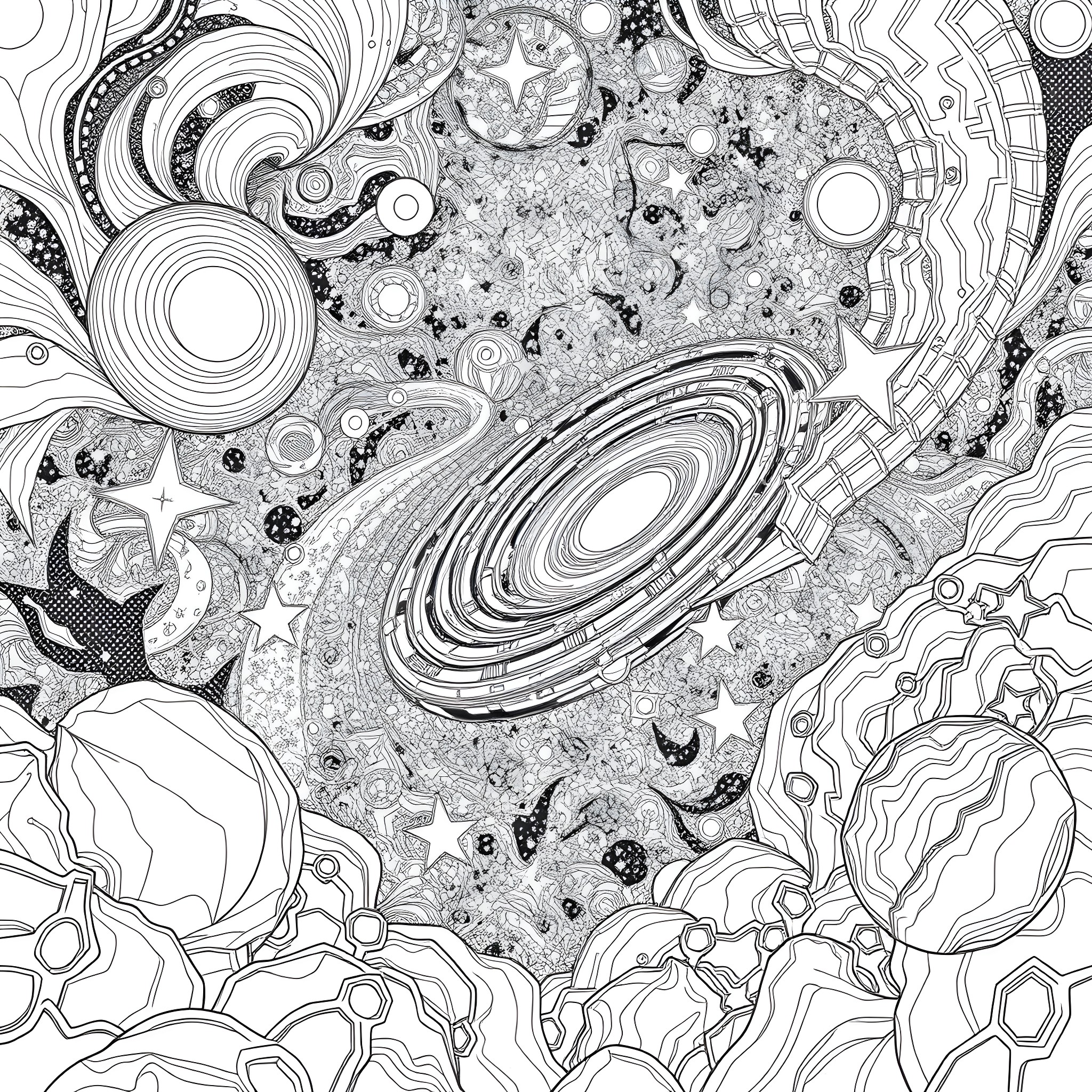 Space fantasy with cosmic patterns and celestial objects Coloring Page (free black-and-white line drawing printable PDF for all, from beginners to advanced learners, including children, teens, adults, and seniors)