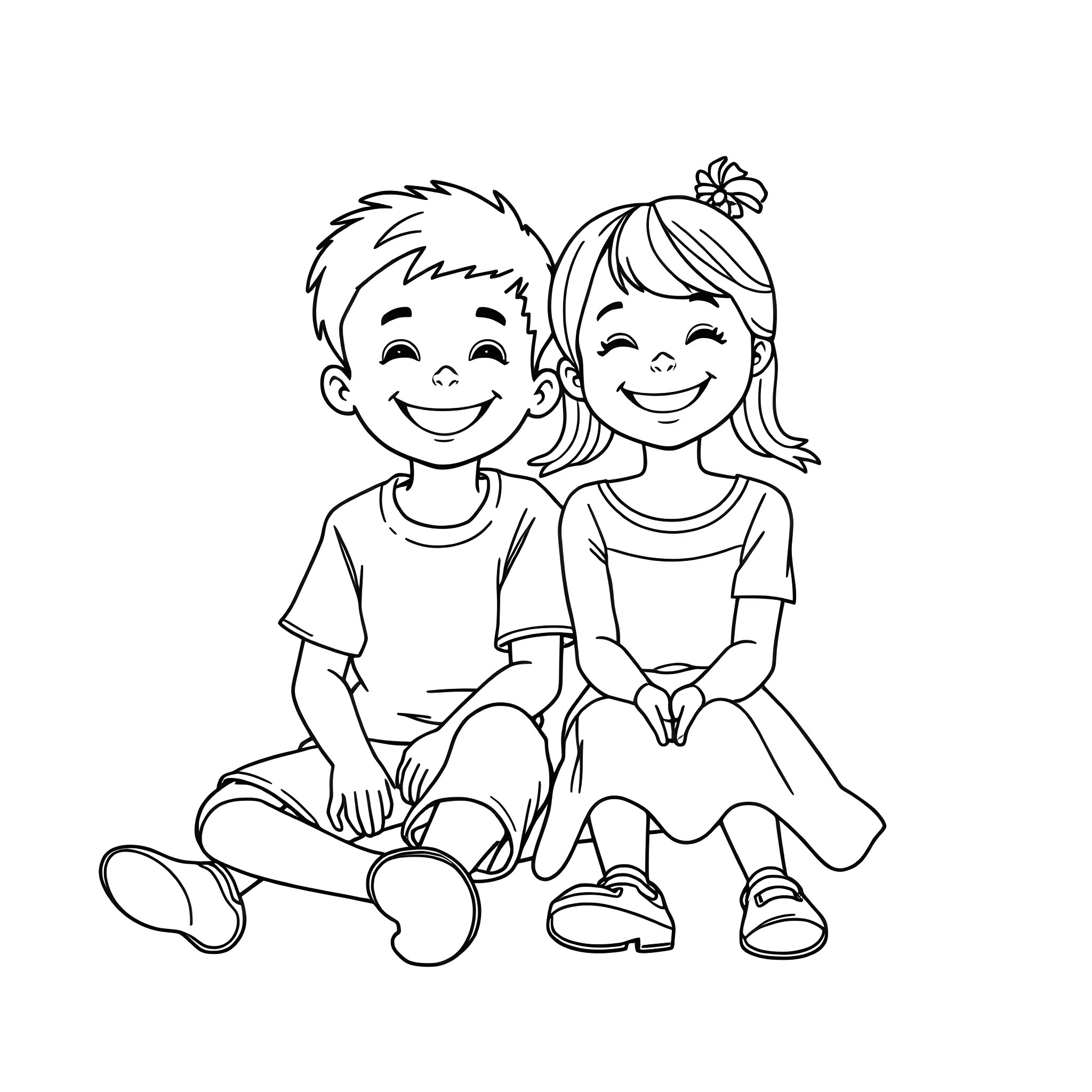 Couple of happy children sitting together Coloring Page (free black-and-white line drawing printable PDF for all, from beginners to advanced learners, including children, teens, adults, and seniors)