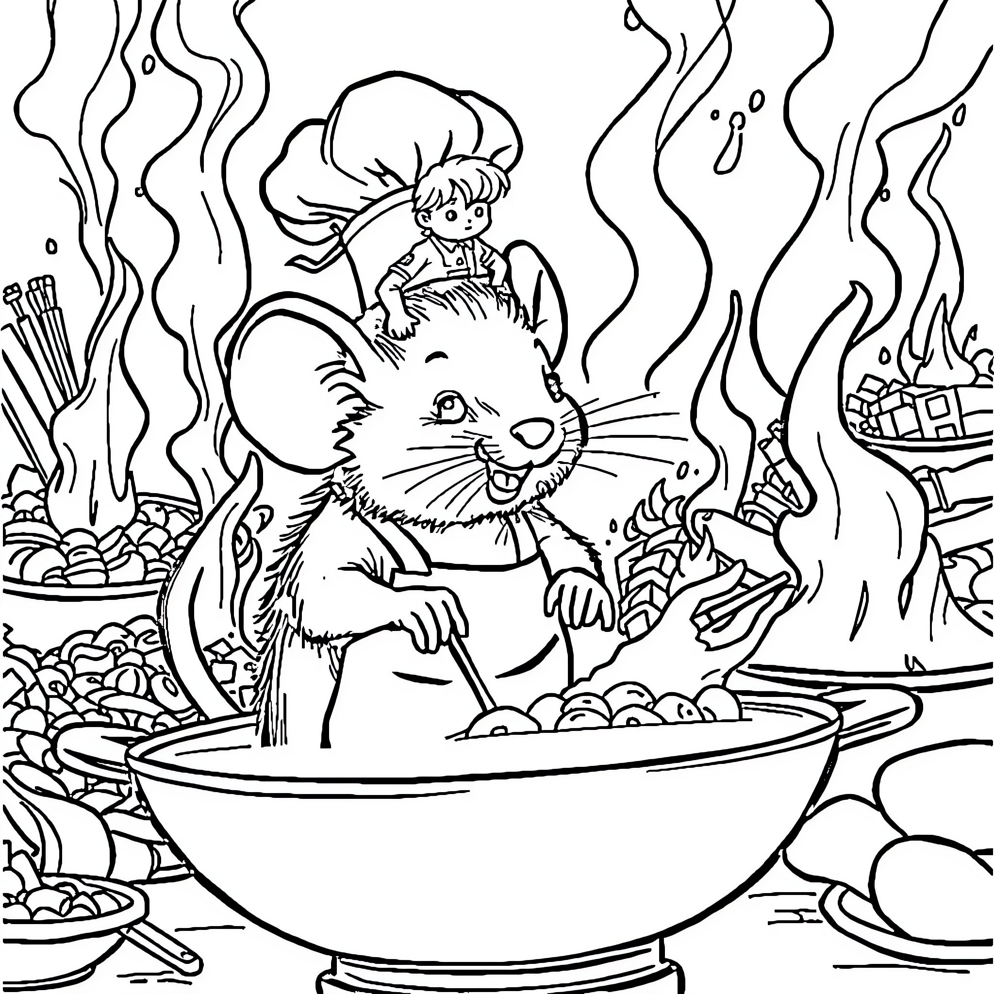 Mouse cooking in a magical underwater kitchen Coloring Page (free black-and-white line drawing printable PDF for all, from beginners to advanced learners, including children, teens, adults, and seniors)