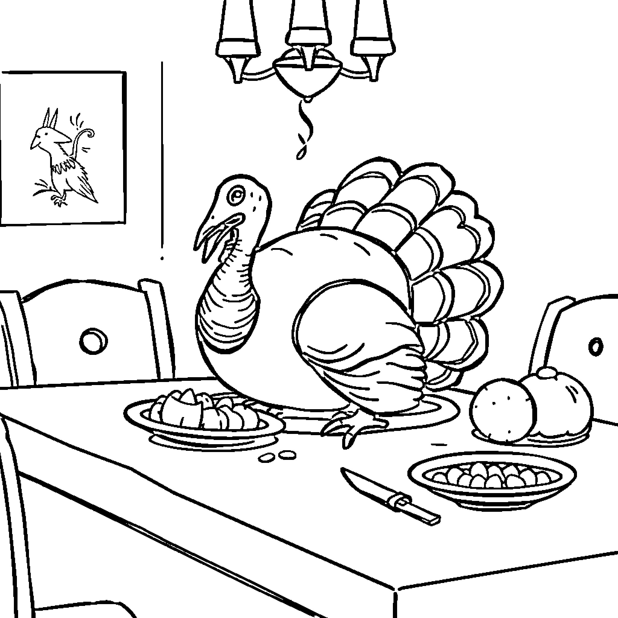 Turkey preparing a festive meal in the dining room Coloring Page (free black-and-white line drawing printable PDF for all, from beginners to advanced learners, including children, teens, adults, and seniors)
