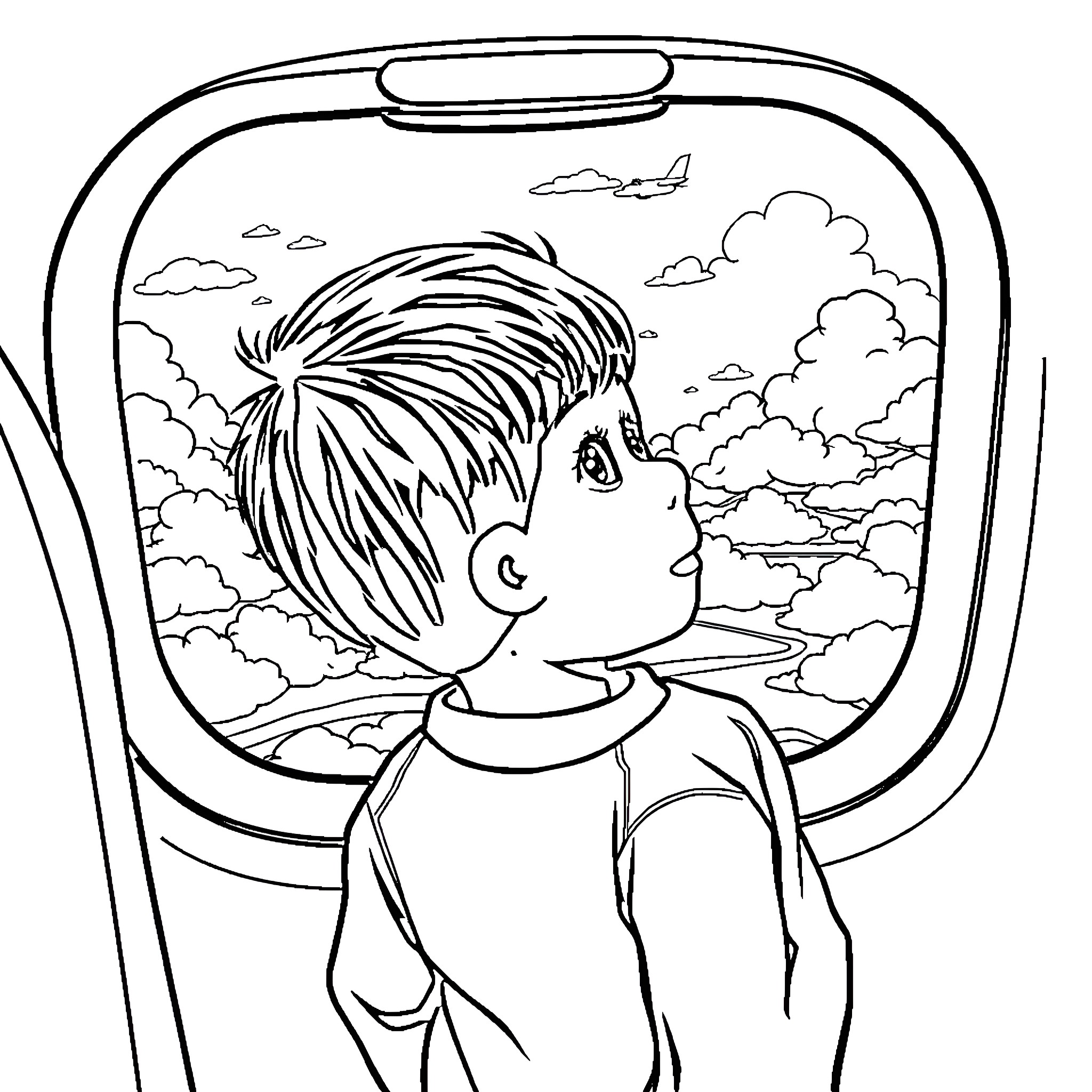 Boy gazing out of airplane window at clouds Coloring Page (free black-and-white line drawing printable PDF for all, from beginners to advanced learners, including children, teens, adults, and seniors)