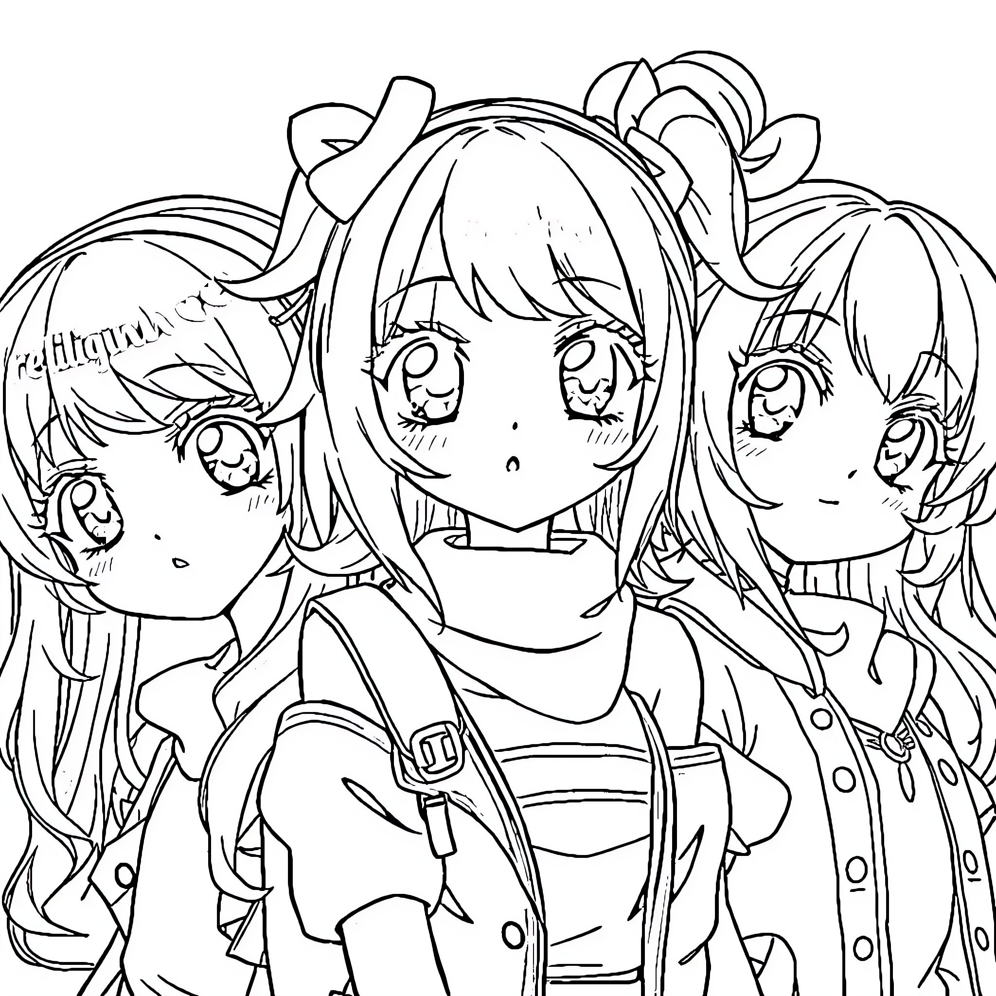 Anime Girl and Her Playful Friends Coloring Page (free black-and-white line drawing printable PDF for all, from beginners to advanced learners, including children, teens, adults, and seniors)