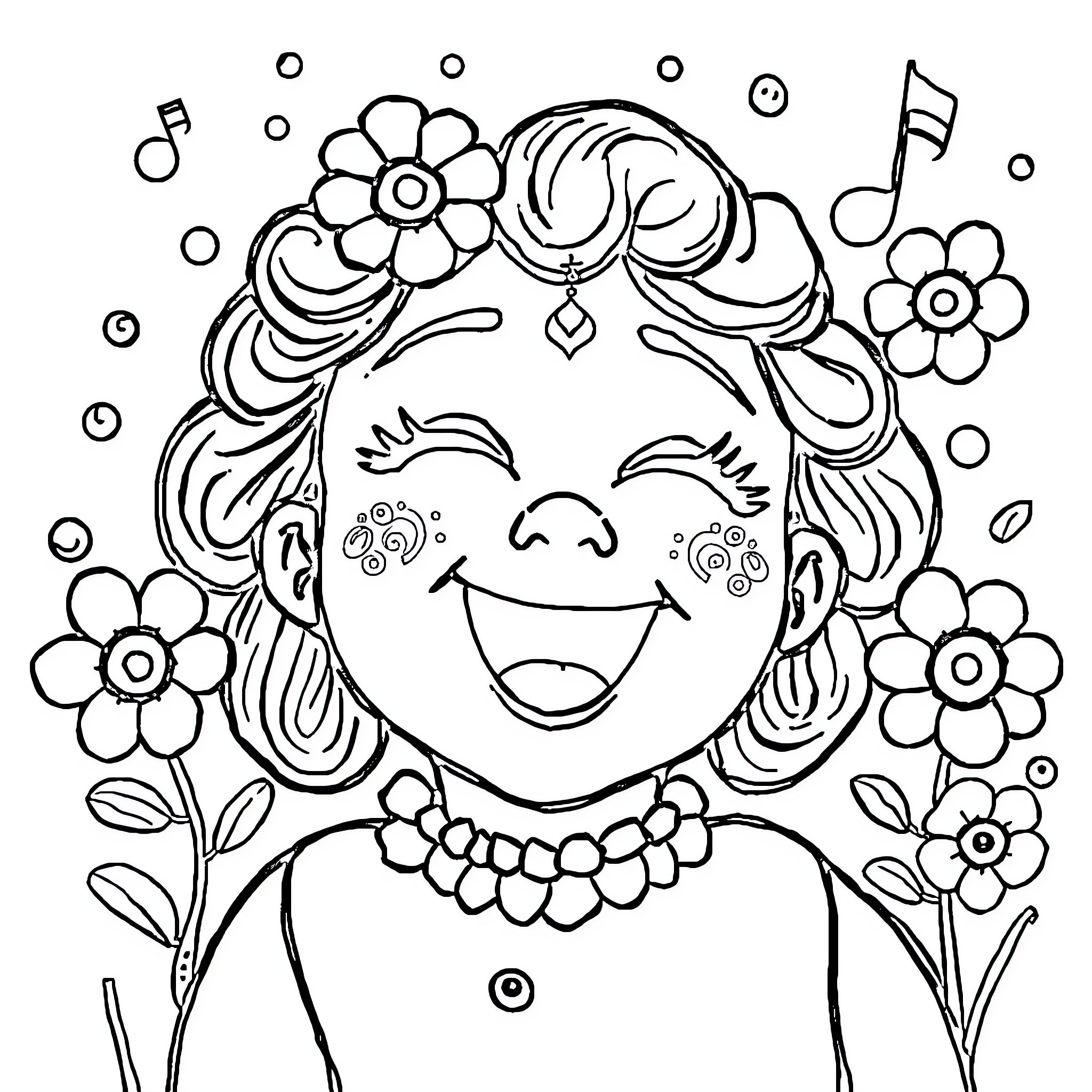 Tralalelo Smiling Girl Surrounded by Flowers Coloring Page (free black-and-white line drawing printable PDF for all, from beginners to advanced learners, including children, teens, adults, and seniors)