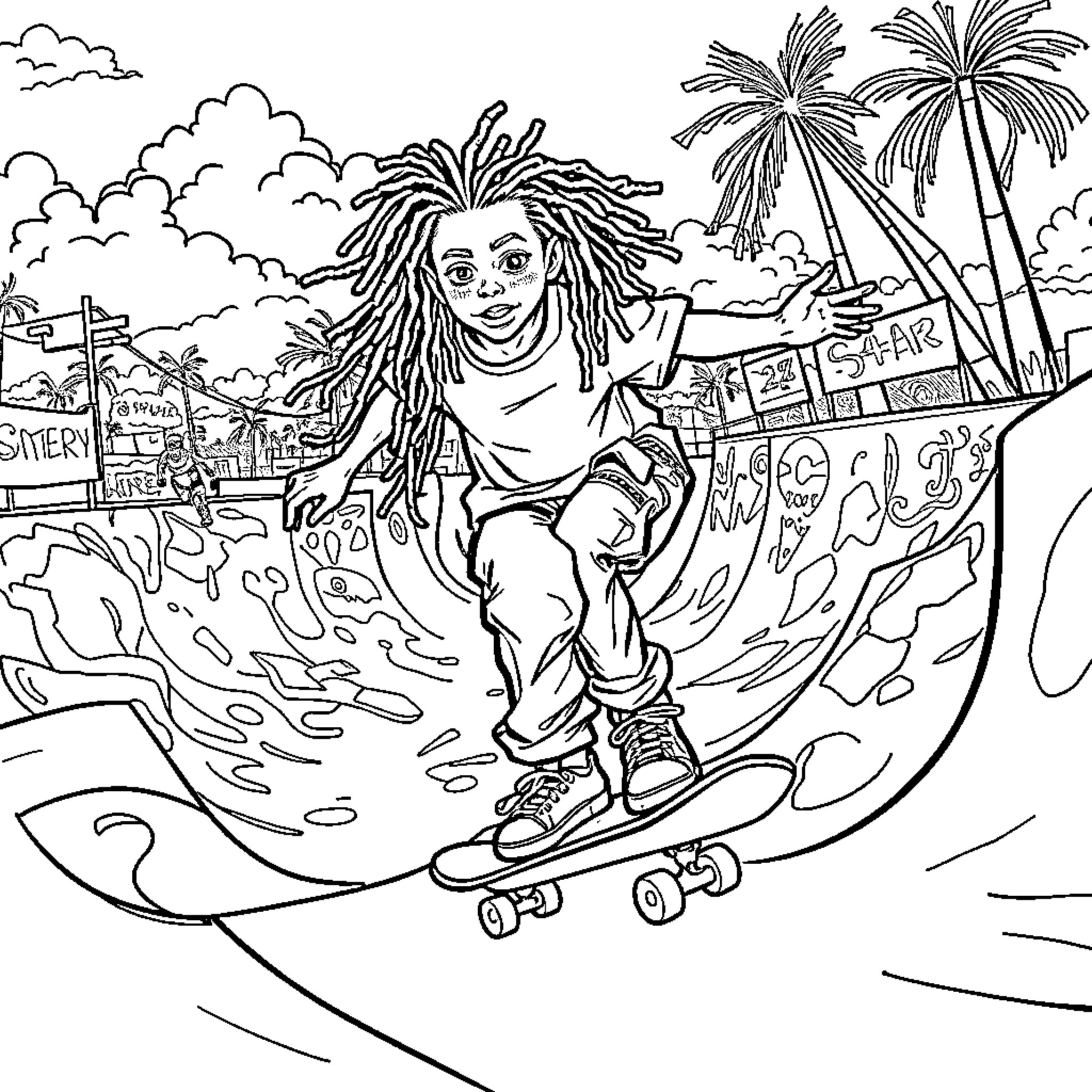 Boy skateboarding through vibrant city streets Coloring Page (free black-and-white line drawing printable PDF for all, from beginners to advanced learners, including children, teens, adults, and seniors)