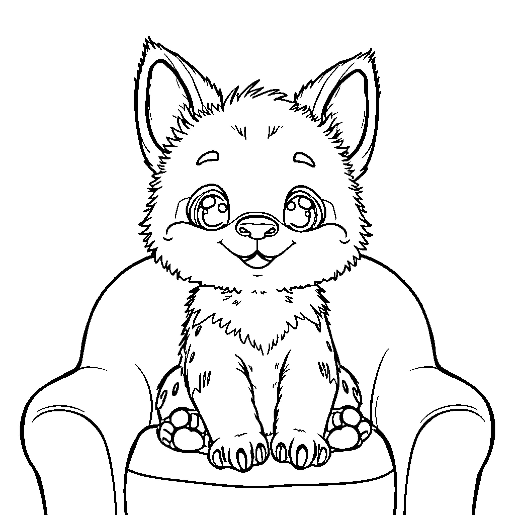 Mogwai sitting happily on armchair Coloring Page (free black-and-white line drawing printable PDF for all, from beginners to advanced learners, including children, teens, adults, and seniors)