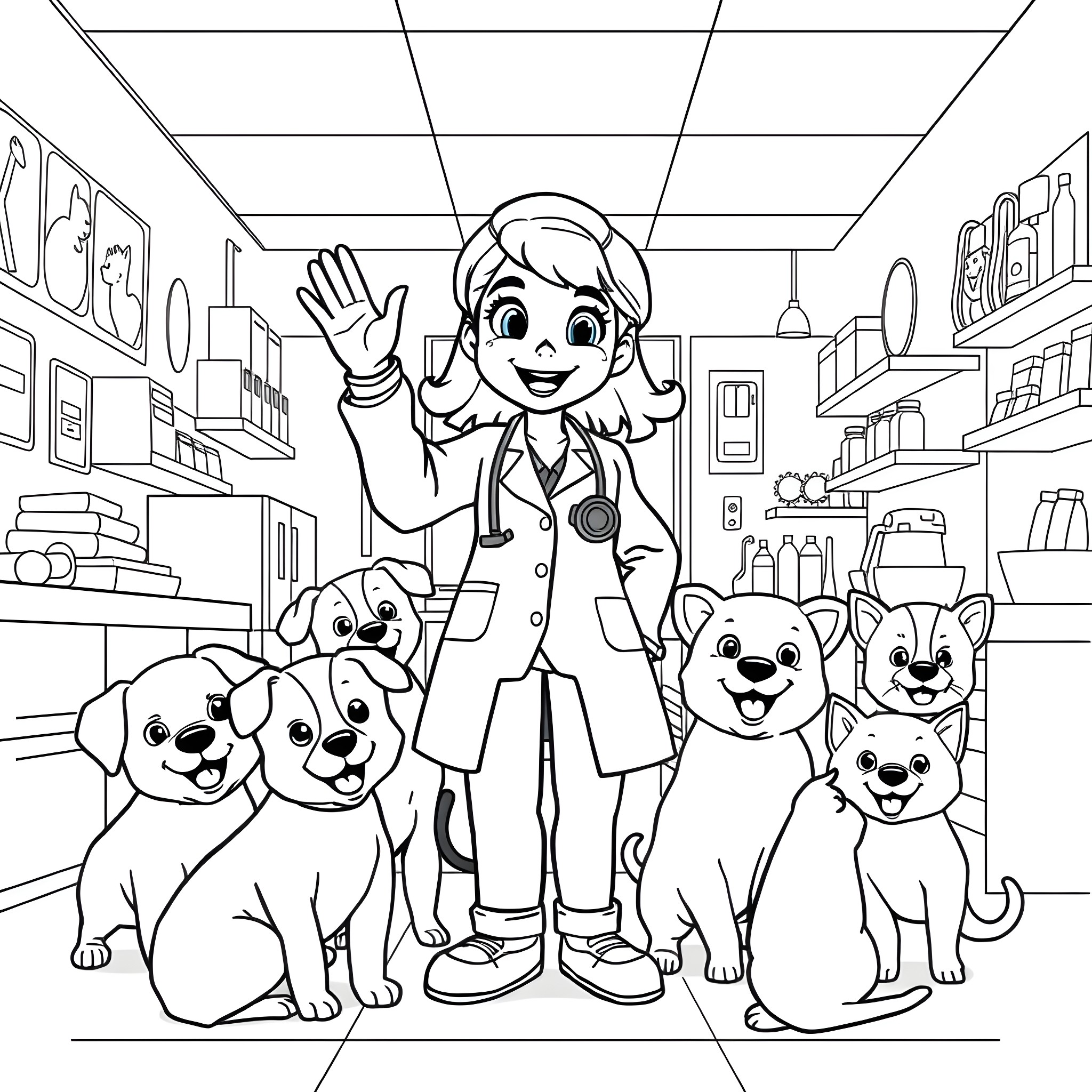 Vida's Joyful Clinic with Furry Friends Coloring Page (free black-and-white line drawing printable PDF for all, from beginners to advanced learners, including children, teens, adults, and seniors)
