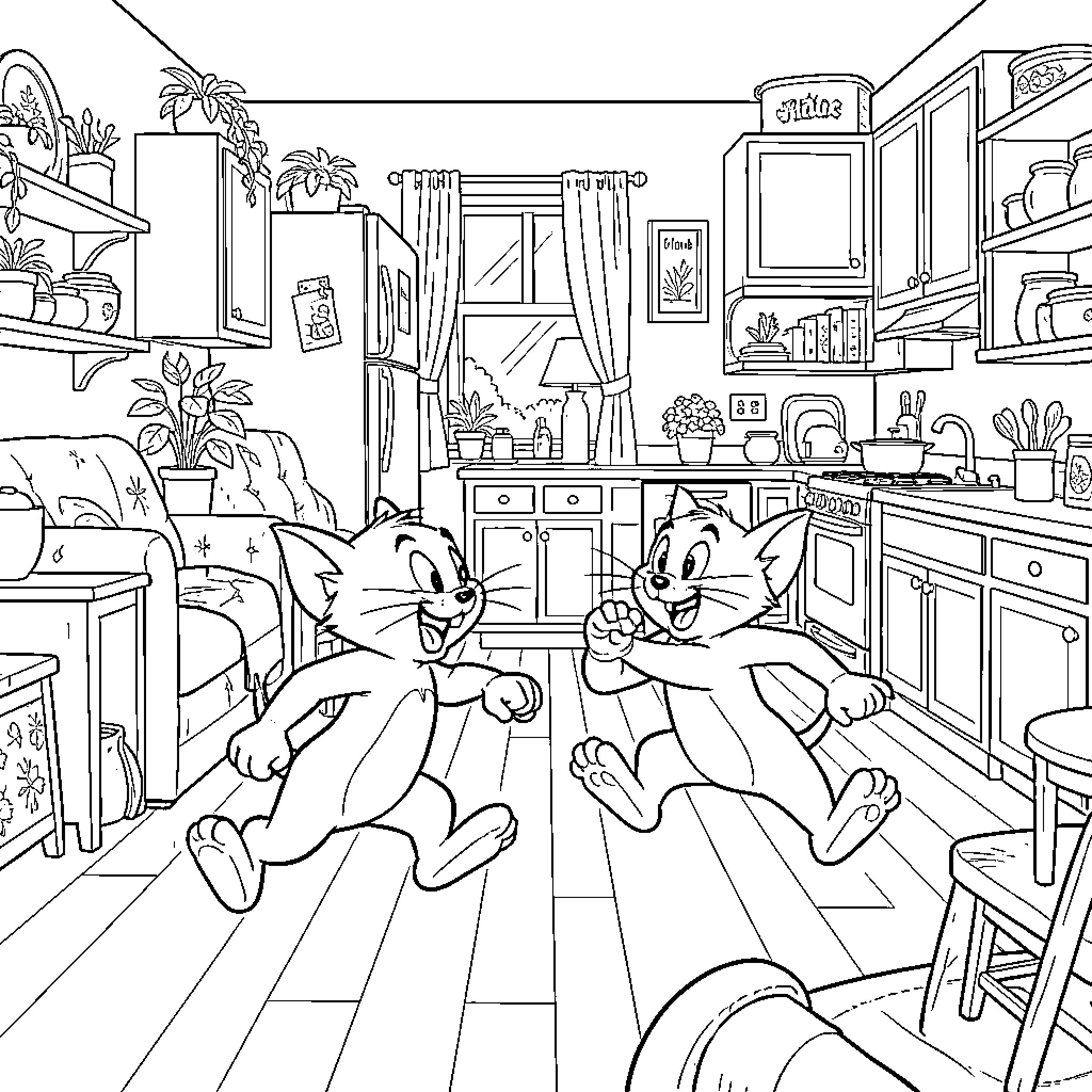 Tom and Jerry chasing each other through a kitchen Coloring Page (free black-and-white line drawing printable PDF for all, from beginners to advanced learners, including children, teens, adults, and seniors)