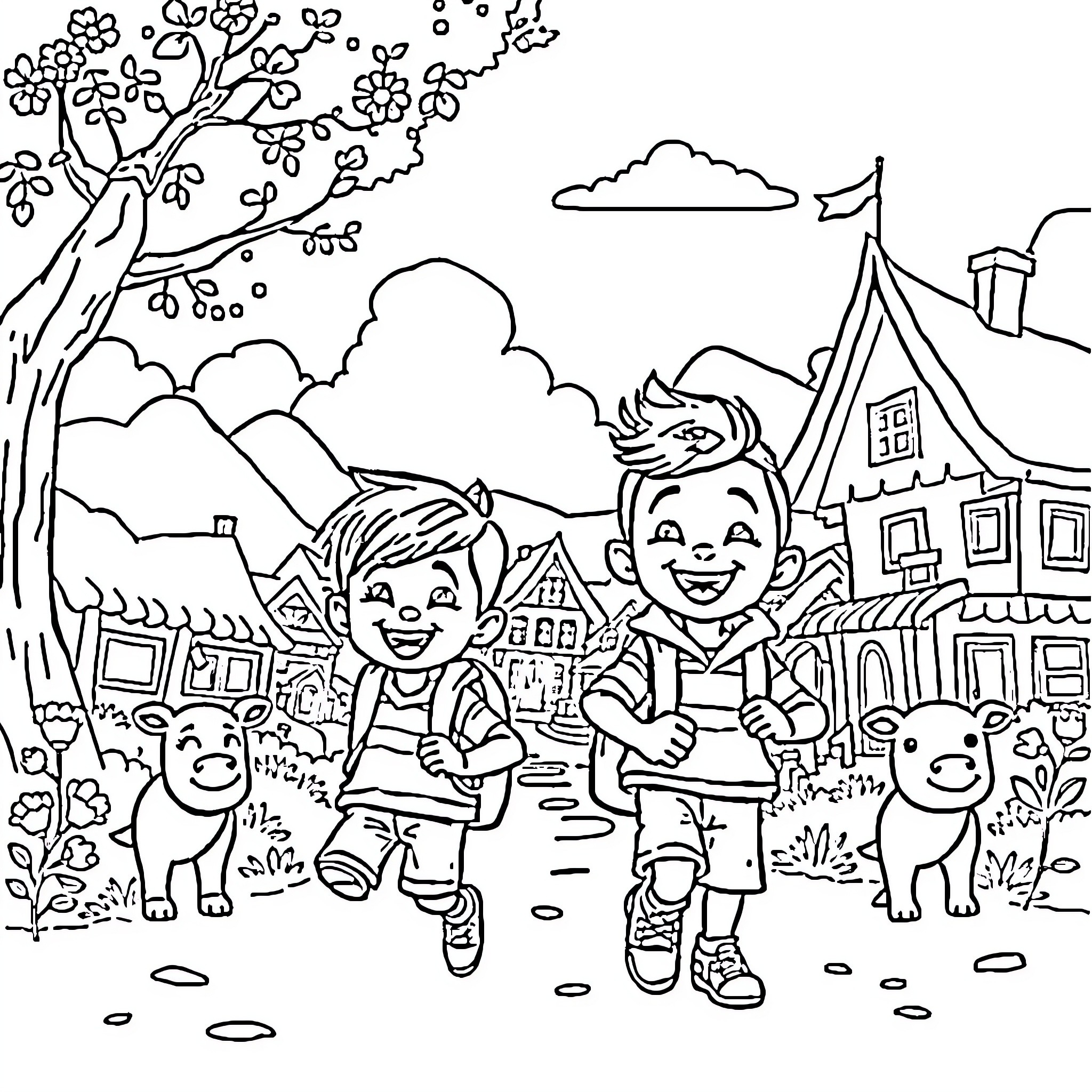 Upin Ipin Playing Happily with Pets in the Neighborhood Coloring Page (free black-and-white line drawing printable PDF for all, from beginners to advanced learners, including children, teens, adults, and seniors)