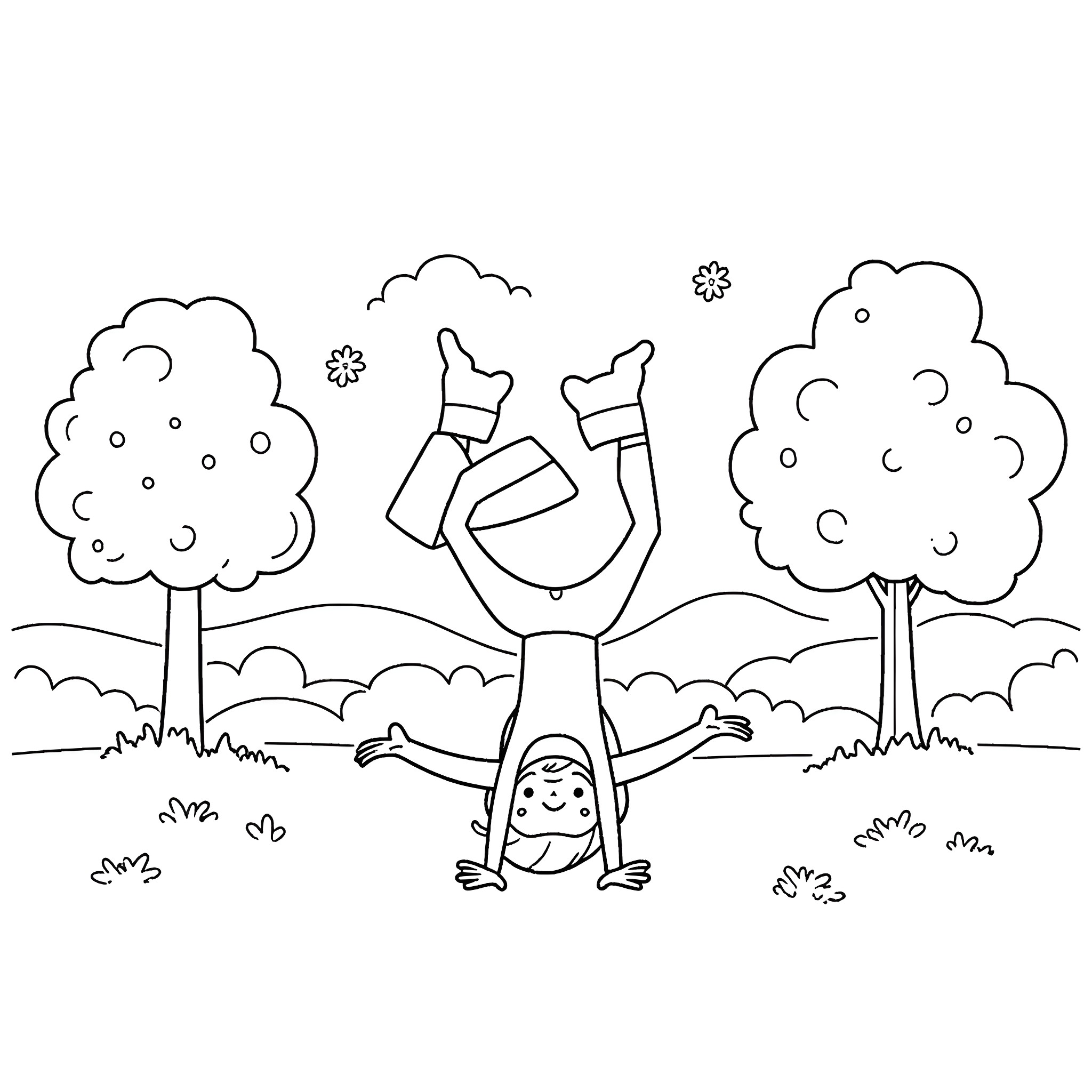 Bluey doing a handstand in nature Coloring Page (free black-and-white line drawing printable PDF for all, from beginners to advanced learners, including children, teens, adults, and seniors)