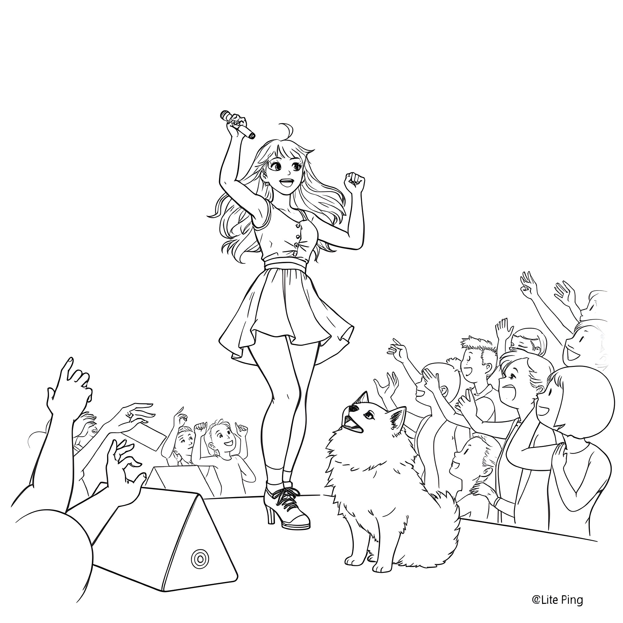 Teen Girl Rocking Out with Band and Pets Coloring Page (free black-and-white line drawing printable PDF for all, from beginners to advanced learners, including children, teens, adults, and seniors)