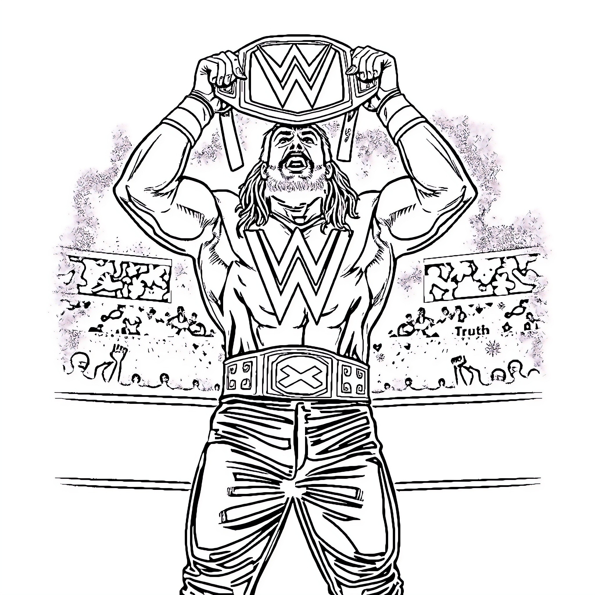 R Truth Celebrating Victory in the Wrestling Ring Coloring Page (free black-and-white line drawing printable PDF for all, from beginners to advanced learners, including children, teens, adults, and seniors)