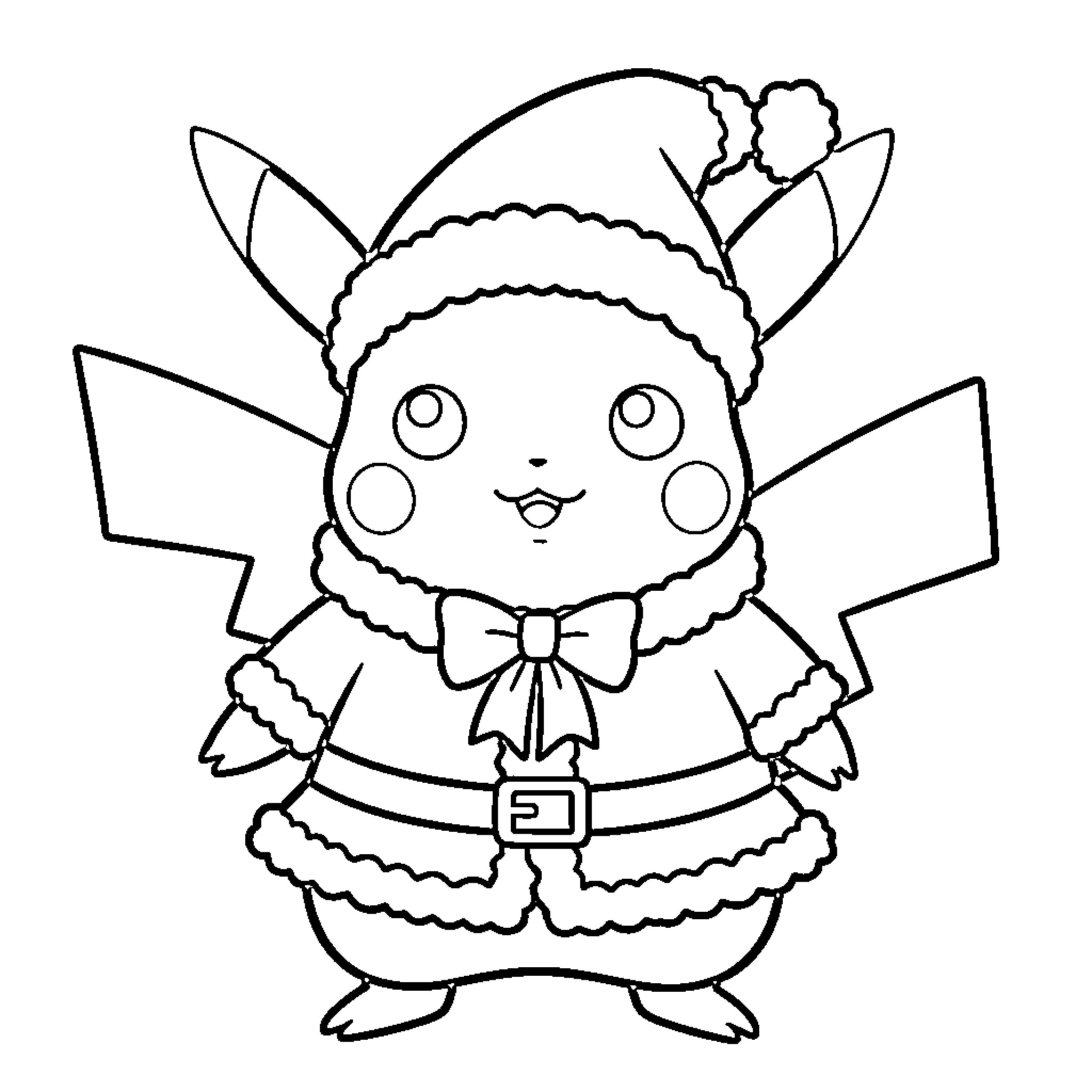 Pikachu in festive holiday attire Coloring Page (free black-and-white line drawing printable PDF for all, from beginners to advanced learners, including children, teens, adults, and seniors)
