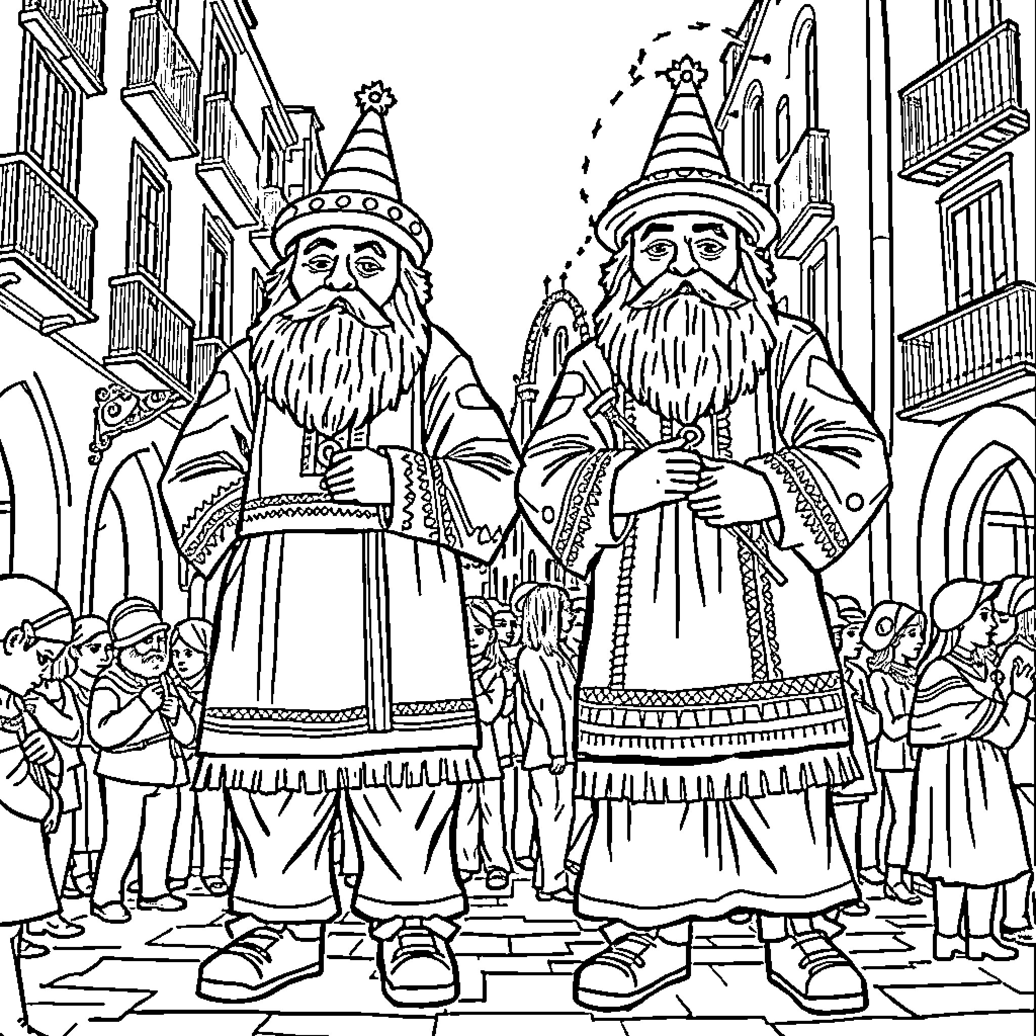 Gegants in traditional costumes parading through the city Coloring Page (free black-and-white line drawing printable PDF for all, from beginners to advanced learners, including children, teens, adults, and seniors)