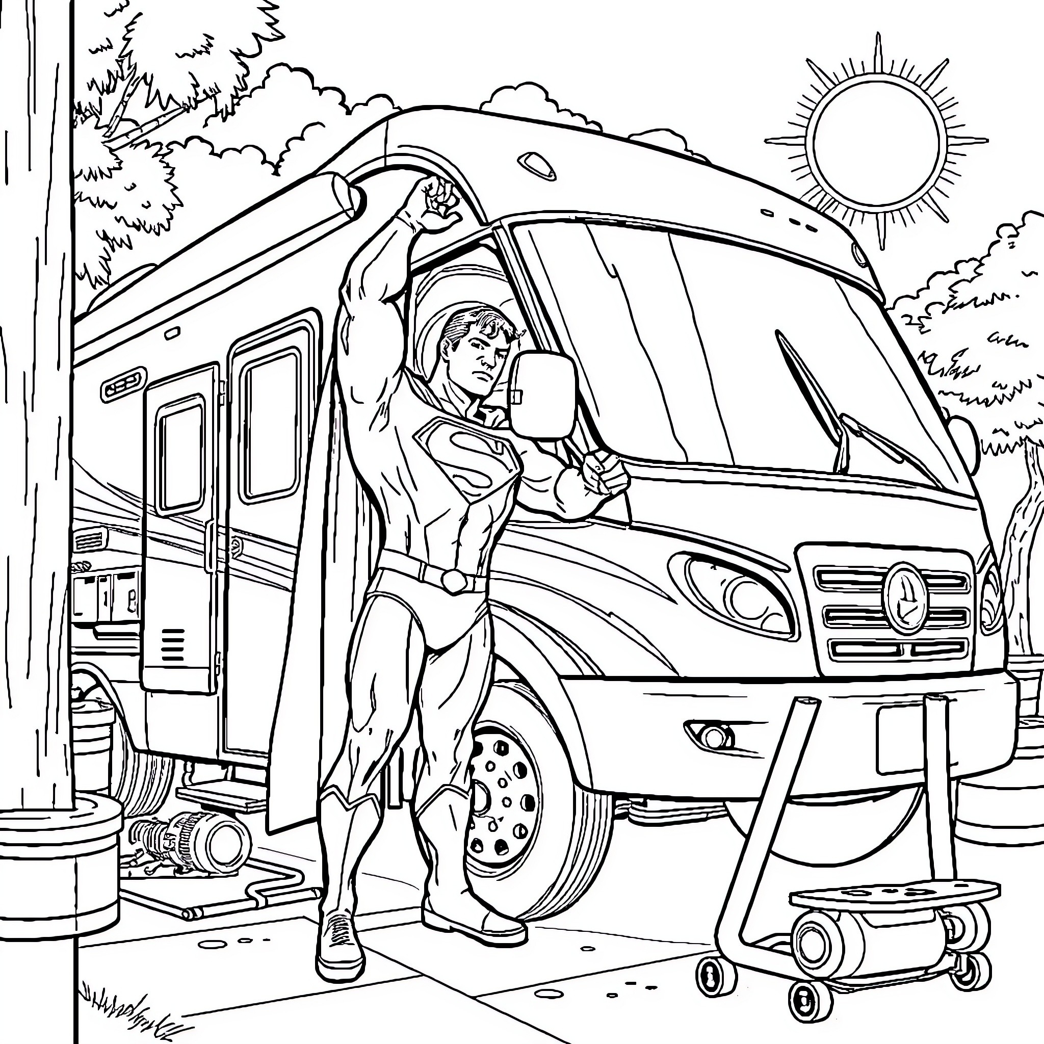 Superman assisting with RV maintenance in nature Coloring Page (free black-and-white line drawing printable PDF for all, from beginners to advanced learners, including children, teens, adults, and seniors)