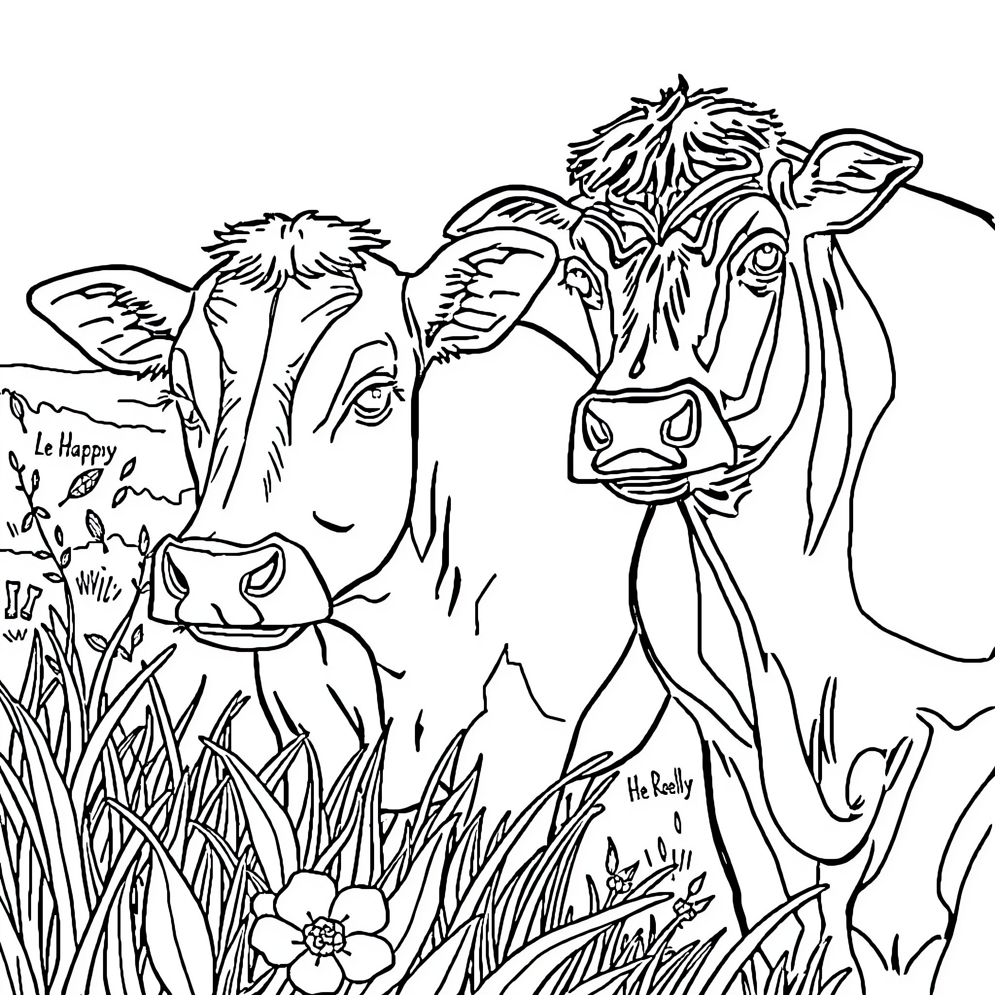 Vache enjoying the outdoors with playful expressions Coloring Page (free black-and-white line drawing printable PDF for all, from beginners to advanced learners, including children, teens, adults, and seniors)