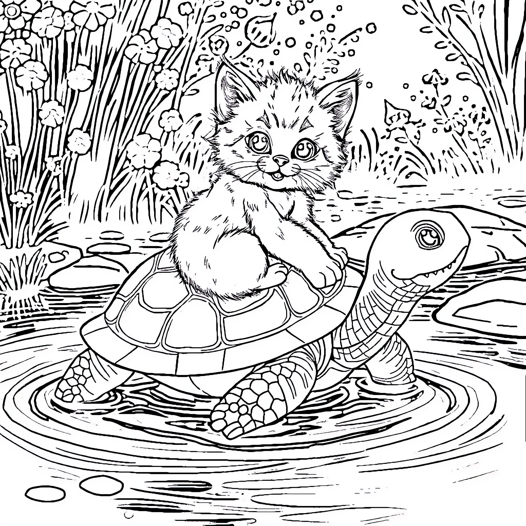 Kitten exploring pond with turtle Coloring Page (free black-and-white line drawing printable PDF for all, from beginners to advanced learners, including children, teens, adults, and seniors)