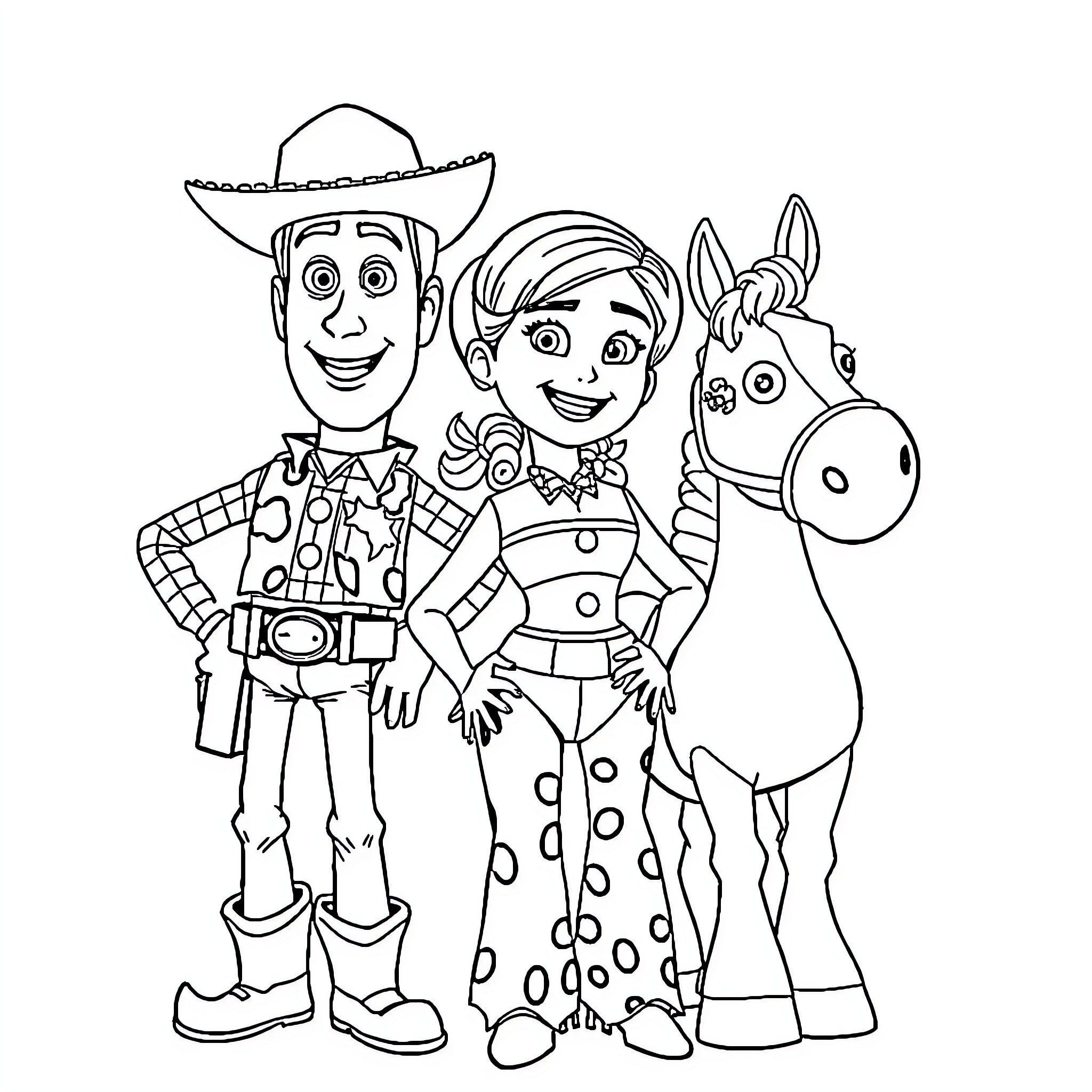Woody's Western Adventure with Jessie and Bullseye Coloring Page (free black-and-white line drawing printable PDF for all, from beginners to advanced learners, including children, teens, adults, and seniors)