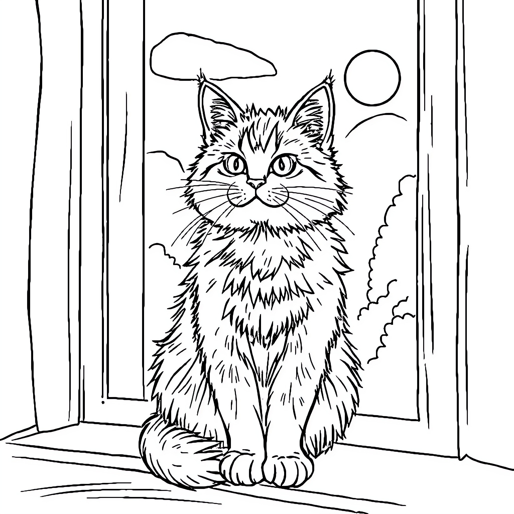 Cat in a stylized outdoor scene Coloring Page (free black-and-white line drawing printable PDF for all, from beginners to advanced learners, including children, teens, adults, and seniors)