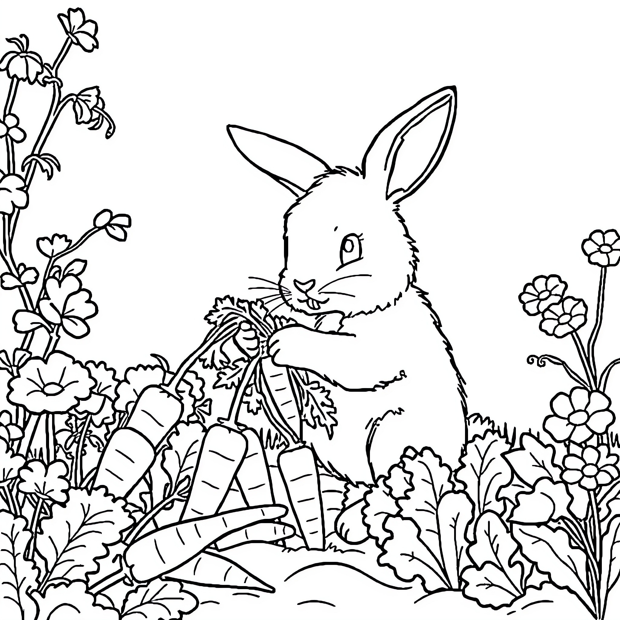 Rabbit surrounded by lush garden with flowers Coloring Page (free black-and-white line drawing printable PDF for all, from beginners to advanced learners, including children, teens, adults, and seniors)