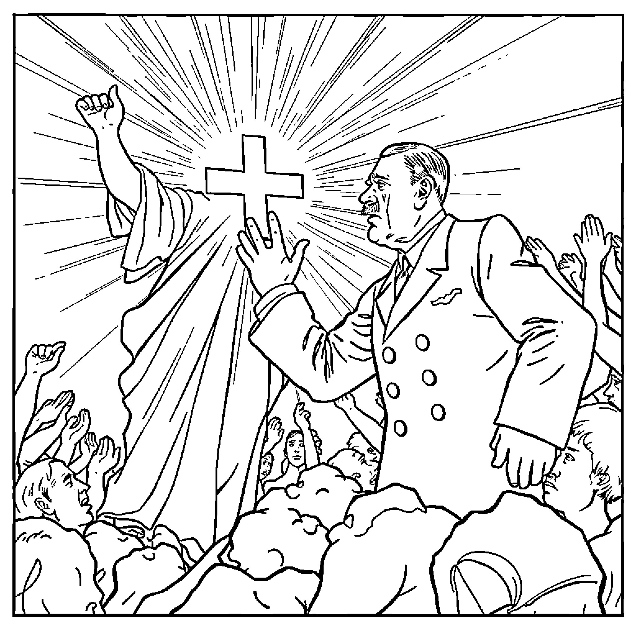 Adolf Hitler gesturing with the cross in a crowd Coloring Page (free black-and-white line drawing printable PDF for all, from beginners to advanced learners, including children, teens, adults, and seniors)