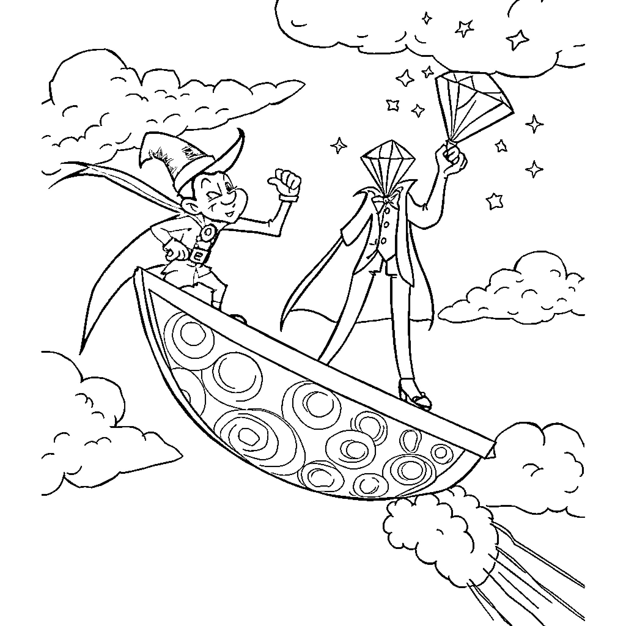 Baltazar Bratt's Whimsical Journey on a Rocket-Powered Boat Coloring Page (free black-and-white line drawing printable PDF for all, from beginners to advanced learners, including children, teens, adults, and seniors)