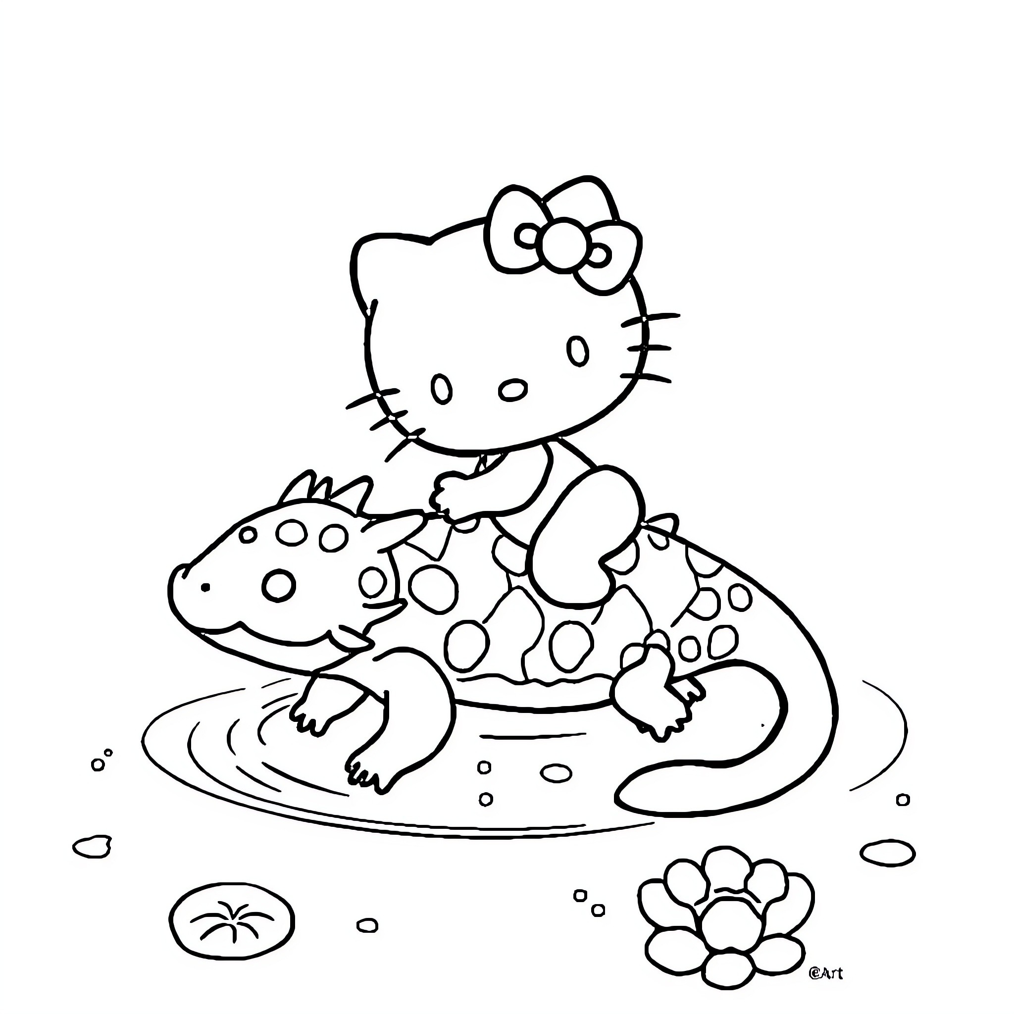 Hello Kitty playing with a lizard on the ground Coloring Page (free black-and-white line drawing printable PDF for all, from beginners to advanced learners, including children, teens, adults, and seniors)
