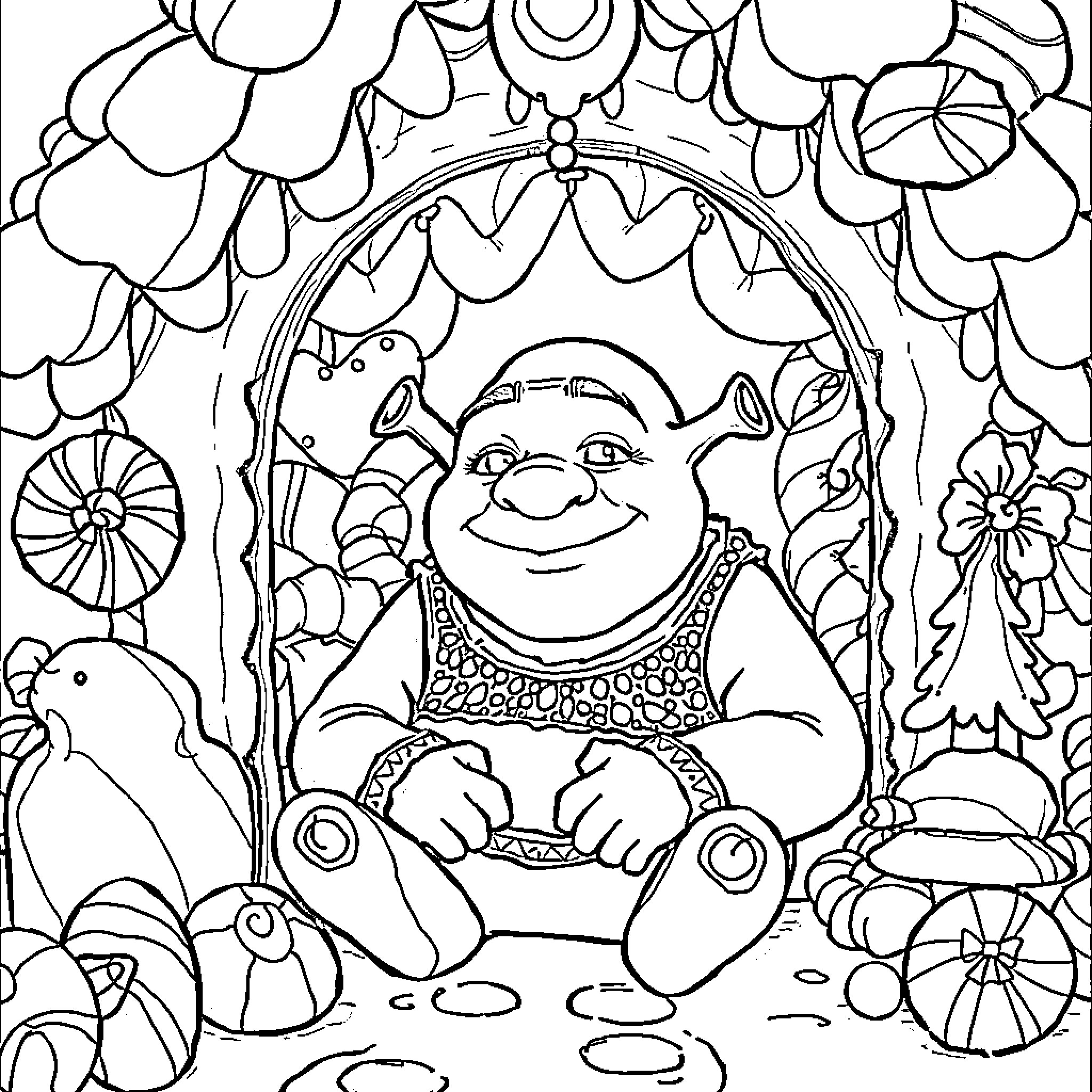 Shrek's Enchanted Garden Adventure Coloring Page (free black-and-white line drawing printable PDF for all, from beginners to advanced learners, including children, teens, adults, and seniors)