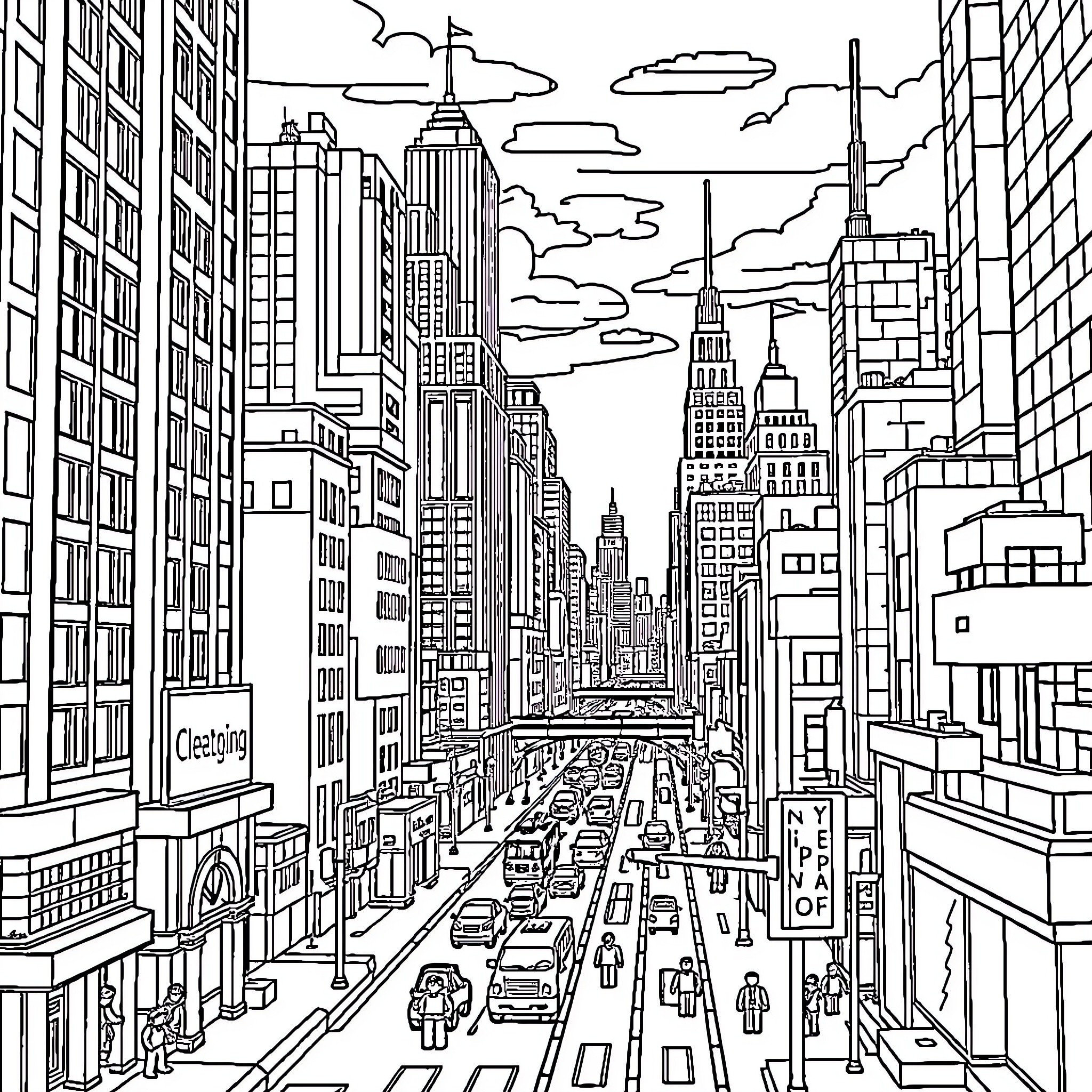 Minecraft Cityscape of Bustling Metropolis Coloring Page (free black-and-white line drawing printable PDF for all, from beginners to advanced learners, including children, teens, adults, and seniors)