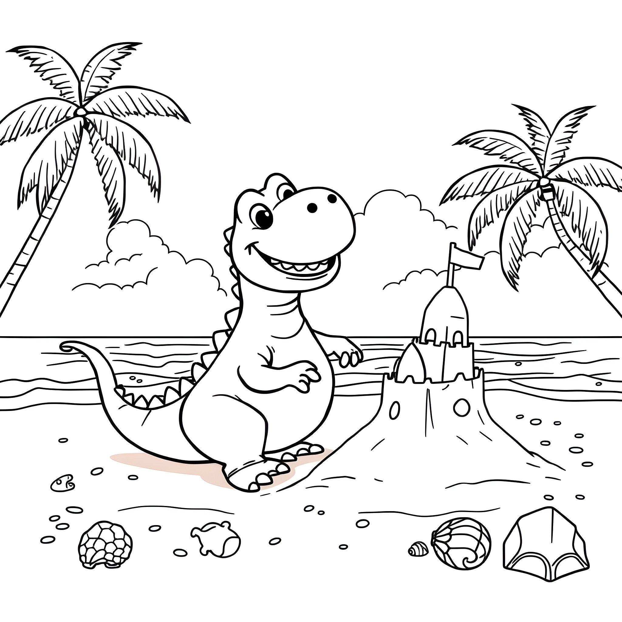 Dinosaur playing happily on the beach with a sandcastle Coloring Page (free black-and-white line drawing printable PDF for all, from beginners to advanced learners, including children, teens, adults, and seniors)