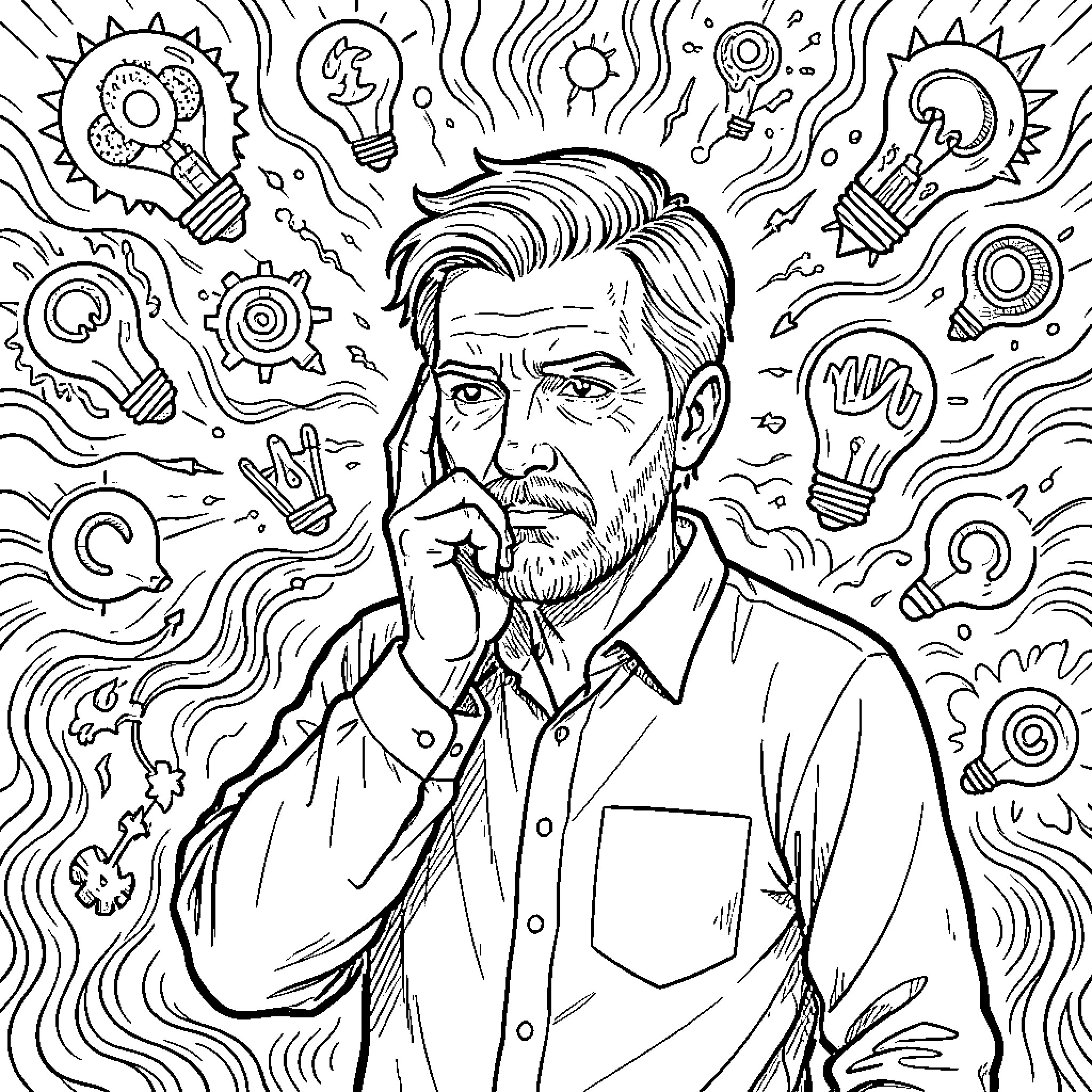 Jan Zimmermann contemplating innovative ideas Coloring Page (free black-and-white line drawing printable PDF for all, from beginners to advanced learners, including children, teens, adults, and seniors)