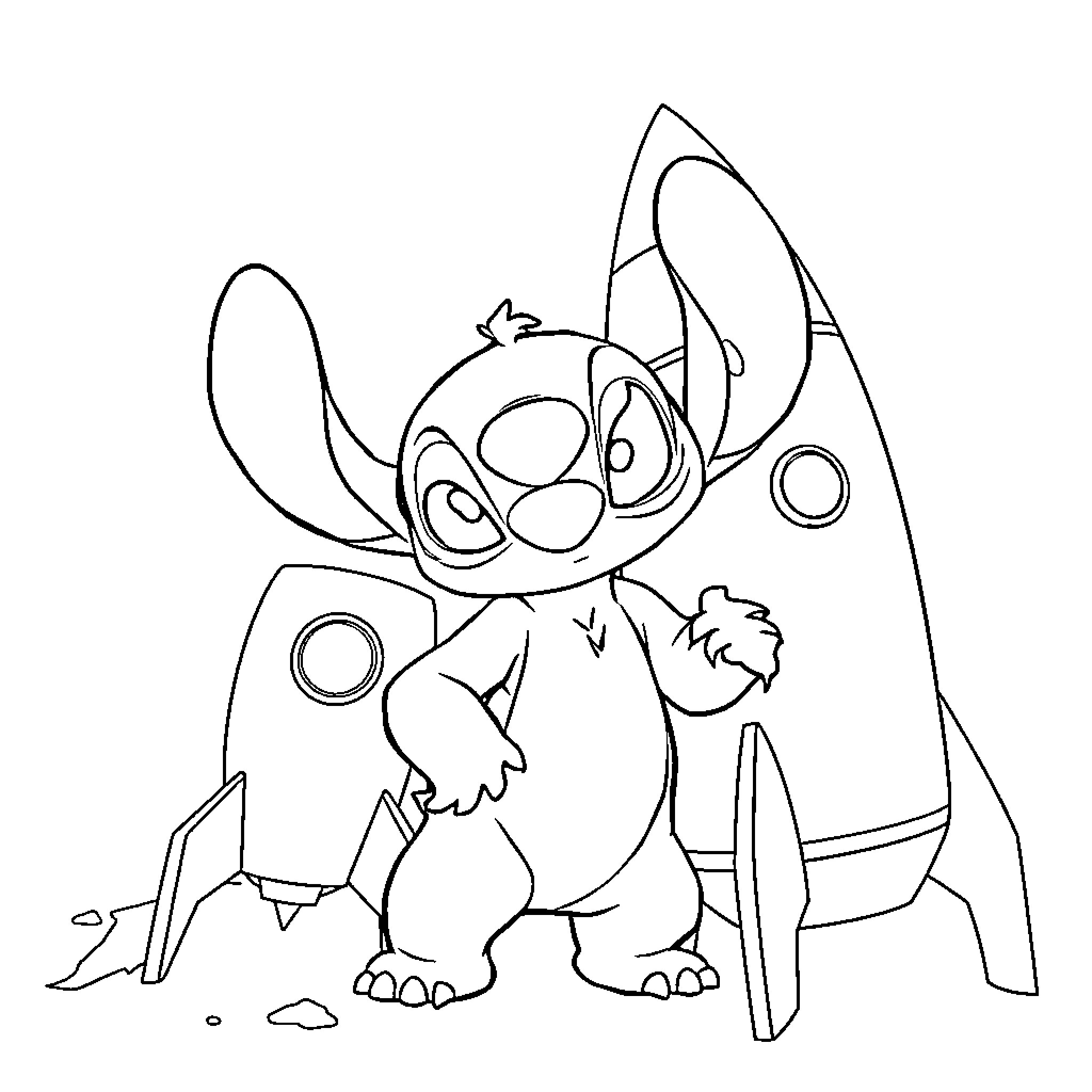 Stitch exploring the spaceship Coloring Page (free black-and-white line drawing printable PDF for all, from beginners to advanced learners, including children, teens, adults, and seniors)