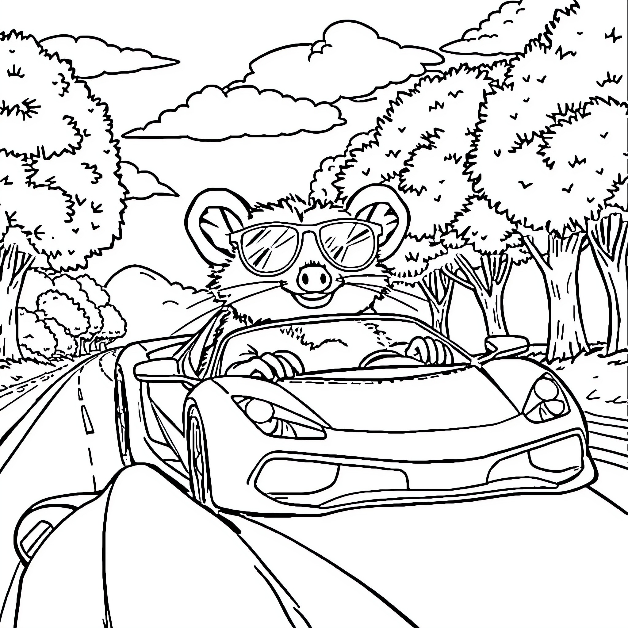Opossum driving sports car on forest road Coloring Page (free black-and-white line drawing printable PDF for all, from beginners to advanced learners, including children, teens, adults, and seniors)