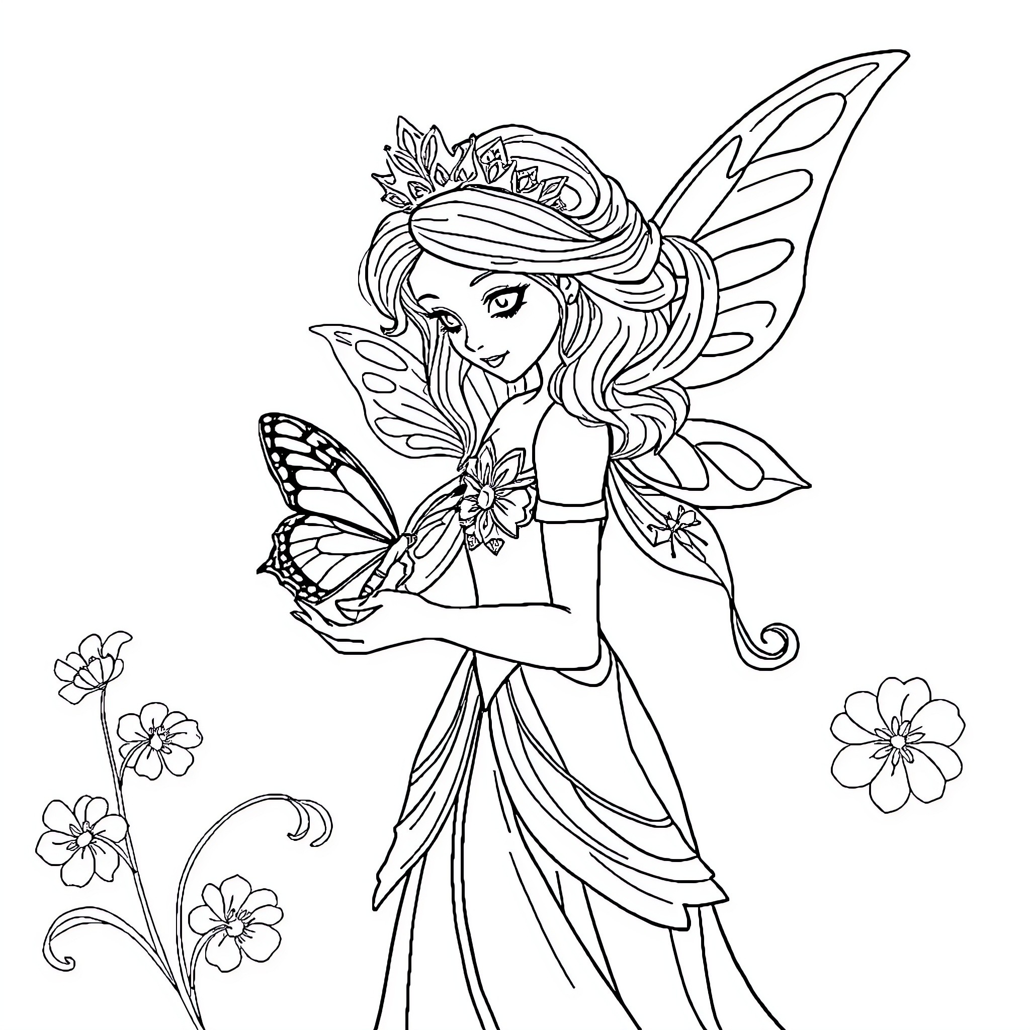 Princess Fairy in Whimsical Garden Coloring Page (free black-and-white line drawing printable PDF for all, from beginners to advanced learners, including children, teens, adults, and seniors)