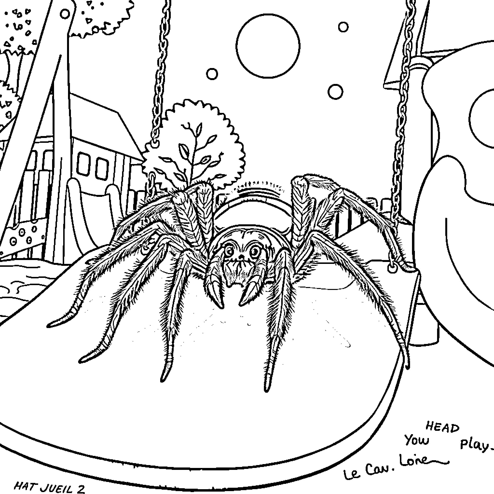 Tarantula in a fantasy landscape Coloring Page (free black-and-white line drawing printable PDF for all, from beginners to advanced learners, including children, teens, adults, and seniors)