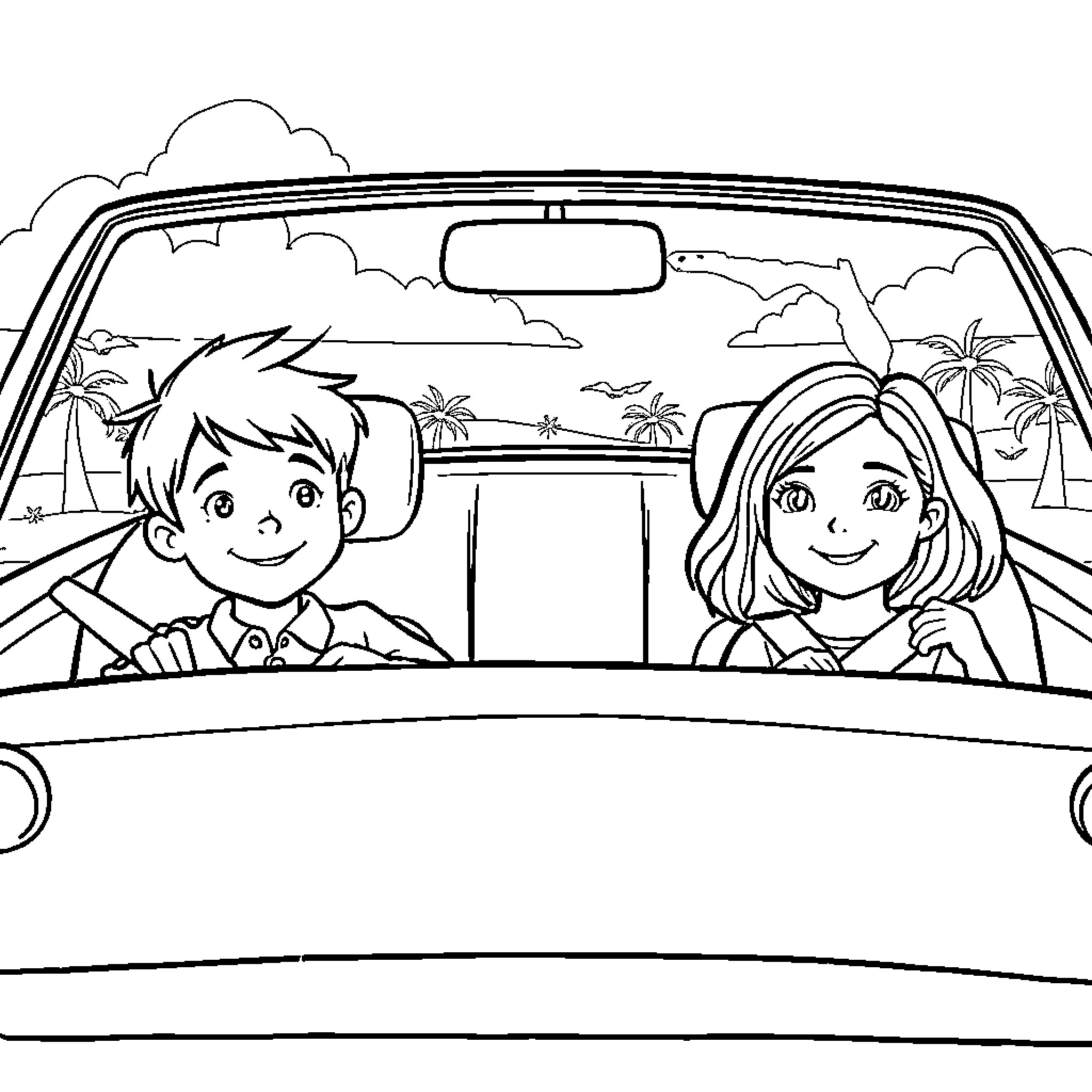 Child couple enjoying scenic road trip Coloring Page (free black-and-white line drawing printable PDF for all, from beginners to advanced learners, including children, teens, adults, and seniors)