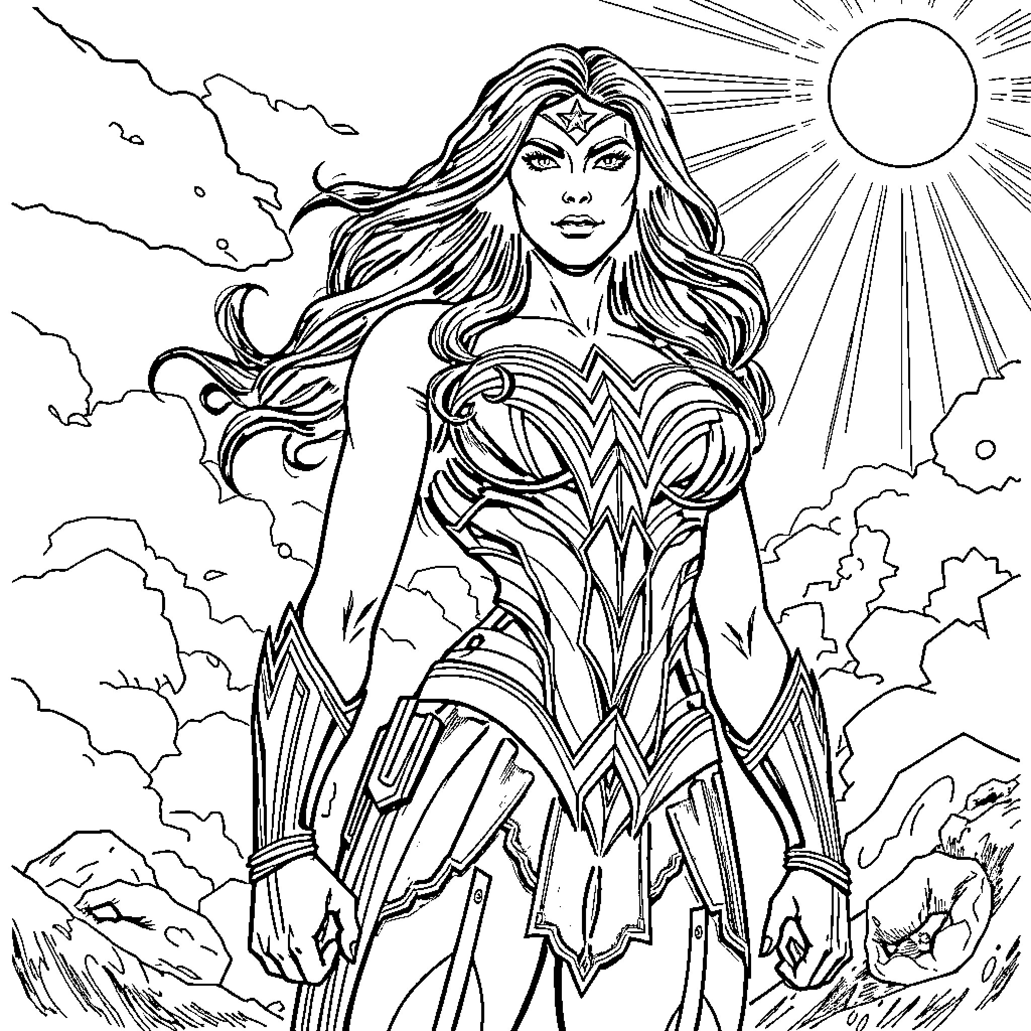 Wonder Woman's Powerful Presence in the Heroic Landscape Coloring Page (free black-and-white line drawing printable PDF for all, from beginners to advanced learners, including children, teens, adults, and seniors)