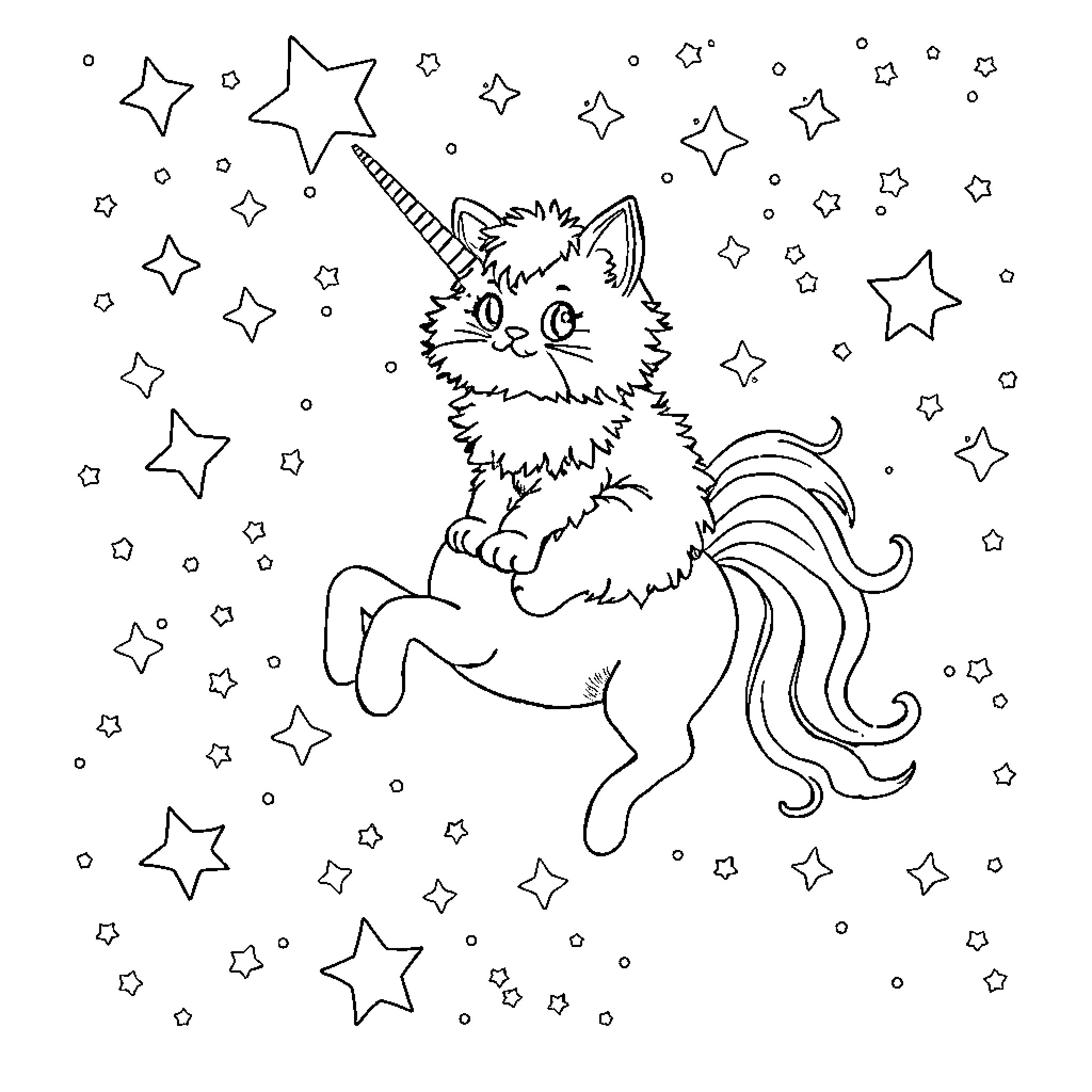 Cat unicorn amidst twinkling stars Coloring Page (free black-and-white line drawing printable PDF for all, from beginners to advanced learners, including children, teens, adults, and seniors)