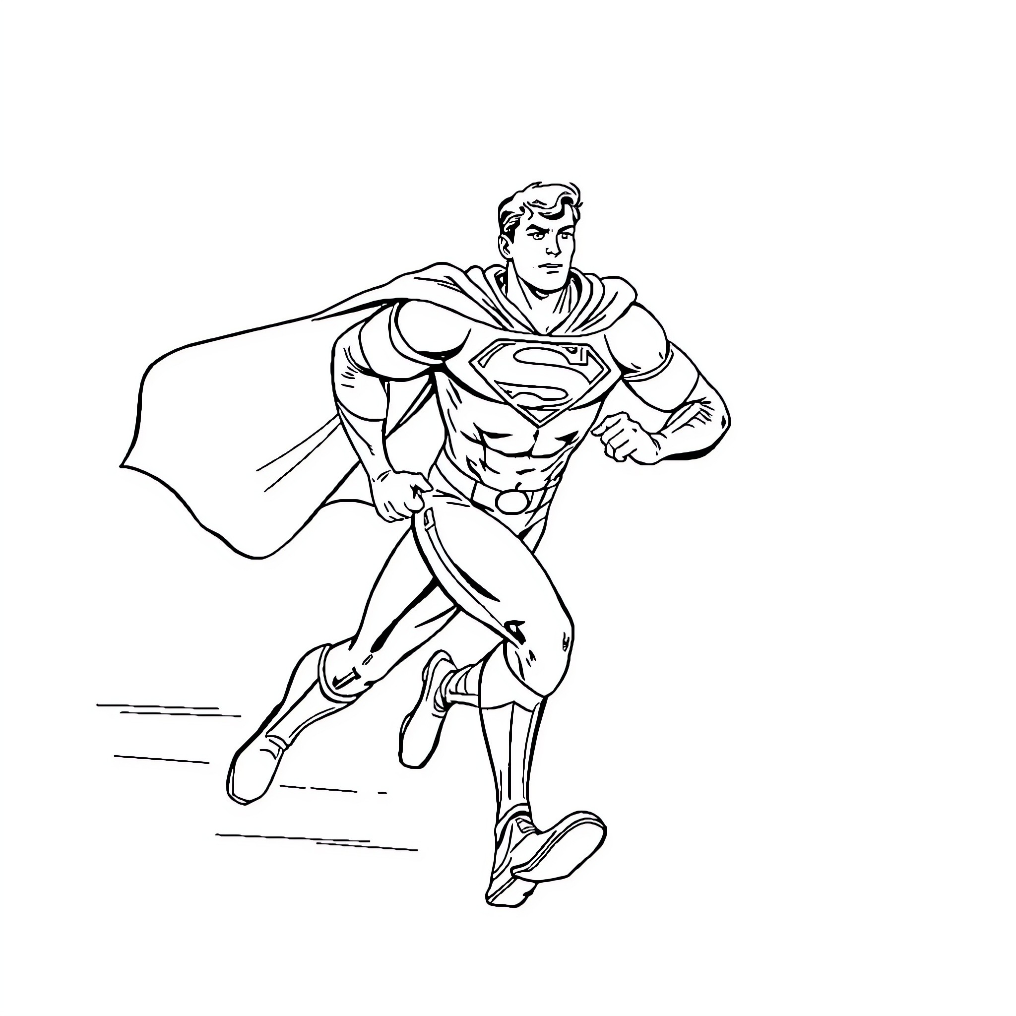 Superman heroically dashing into action Coloring Page (free black-and-white line drawing printable PDF for all, from beginners to advanced learners, including children, teens, adults, and seniors)