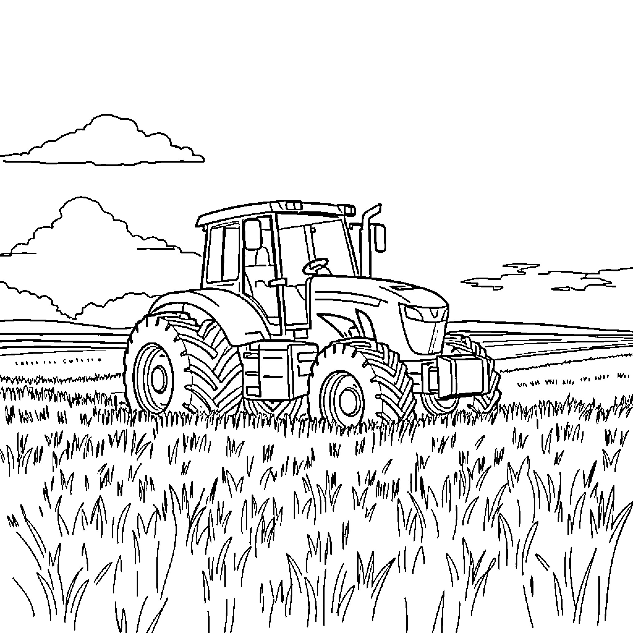 Tractor plowing through a grassy field Coloring Page (free black-and-white line drawing printable PDF for all, from beginners to advanced learners, including children, teens, adults, and seniors)