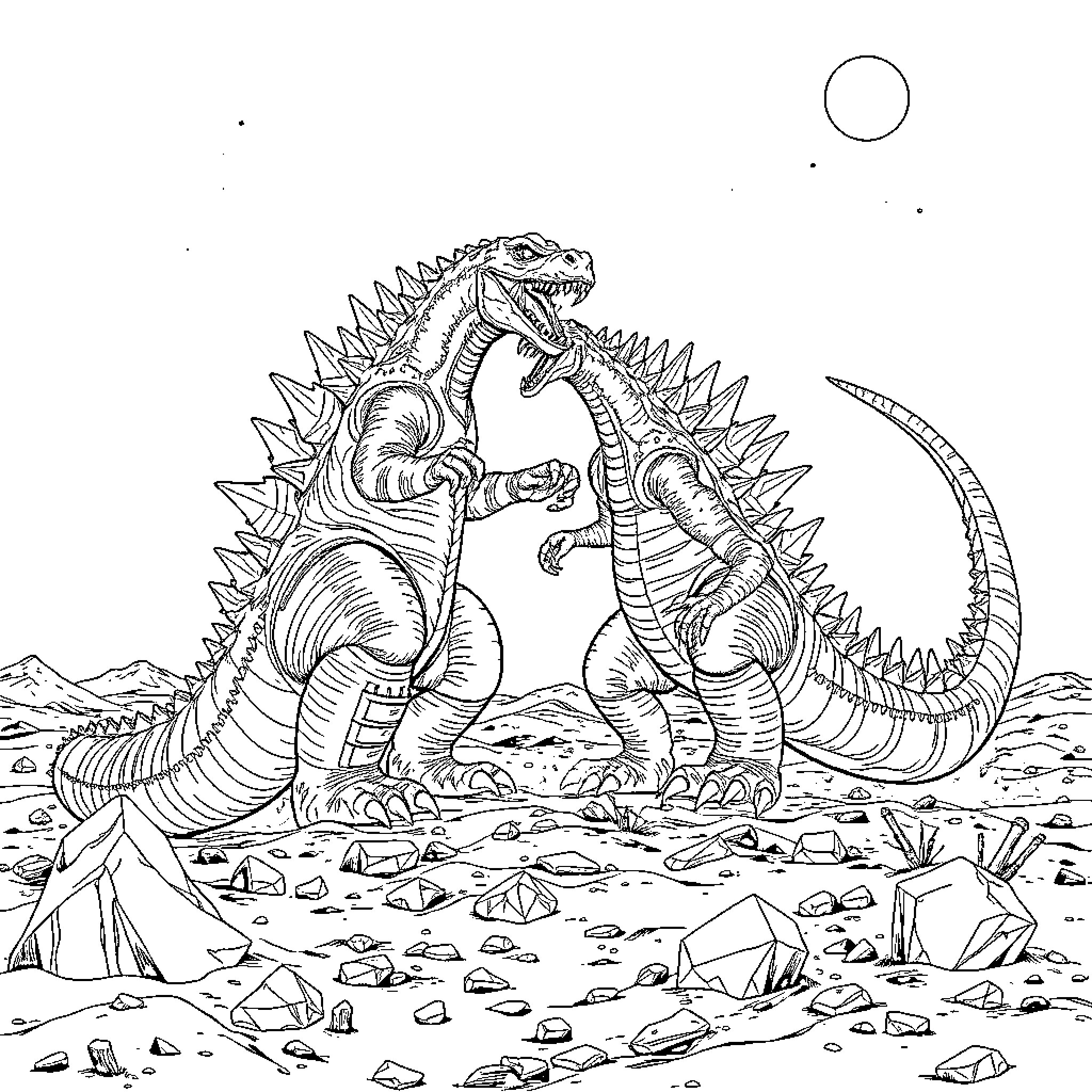 Godzilla and Mechagodzilla battling in a rocky landscape Coloring Page (free black-and-white line drawing printable PDF for all, from beginners to advanced learners, including children, teens, adults, and seniors)