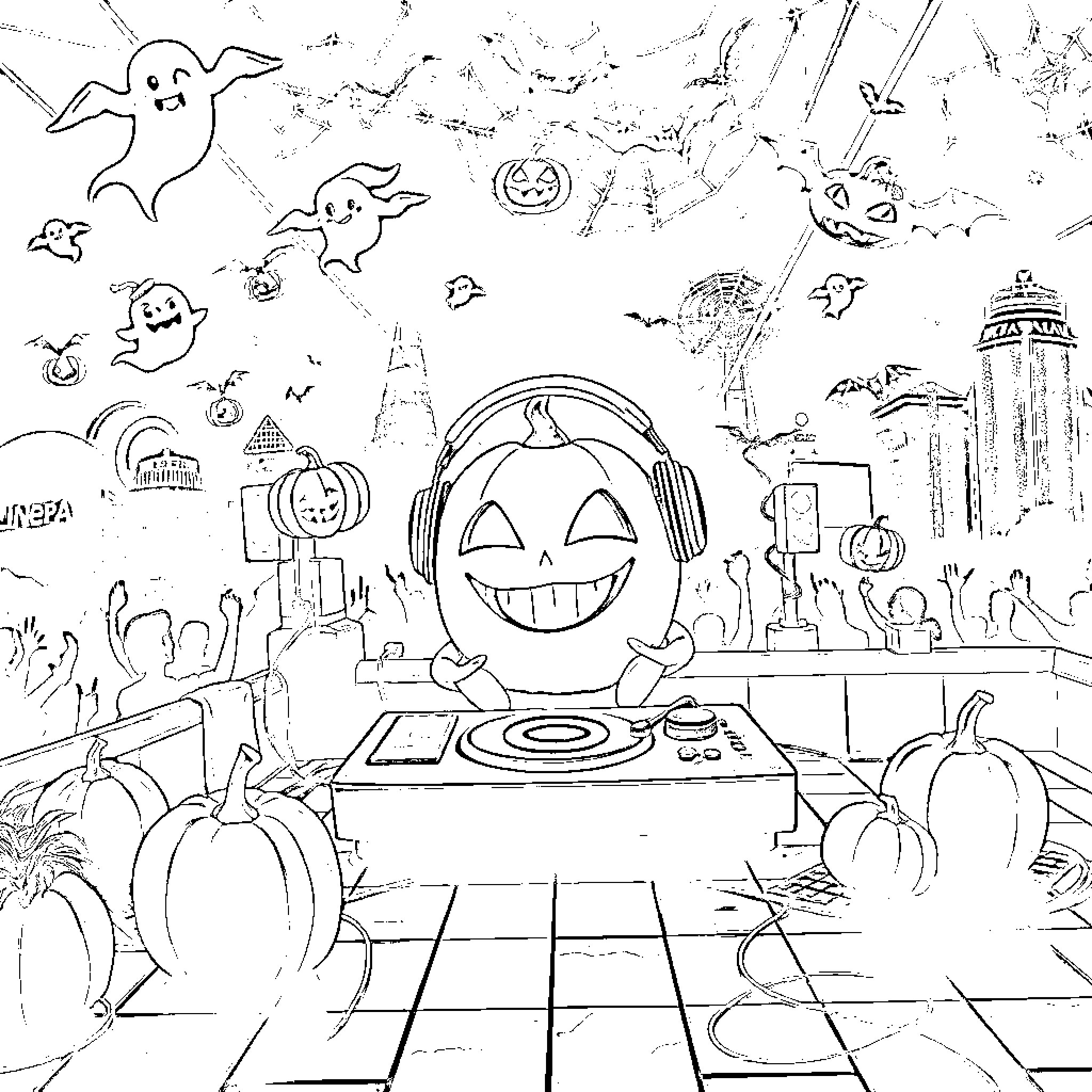 DJ Tomato mixing spooky tunes in a Halloween party Coloring Page (free black-and-white line drawing printable PDF for all, from beginners to advanced learners, including children, teens, adults, and seniors)