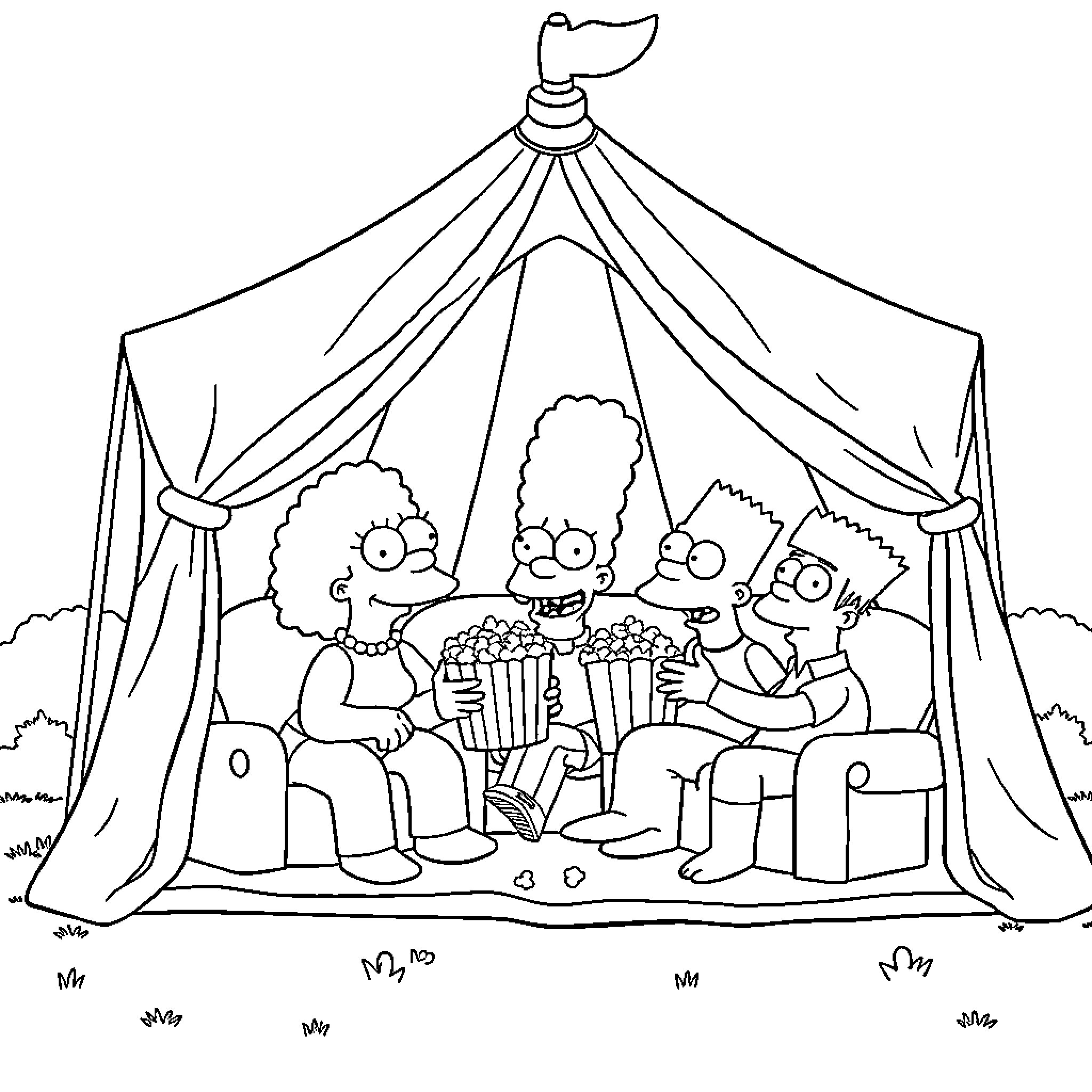 Simpson family enjoying a tent camping scene Coloring Page (free black-and-white line drawing printable PDF for all, from beginners to advanced learners, including children, teens, adults, and seniors)