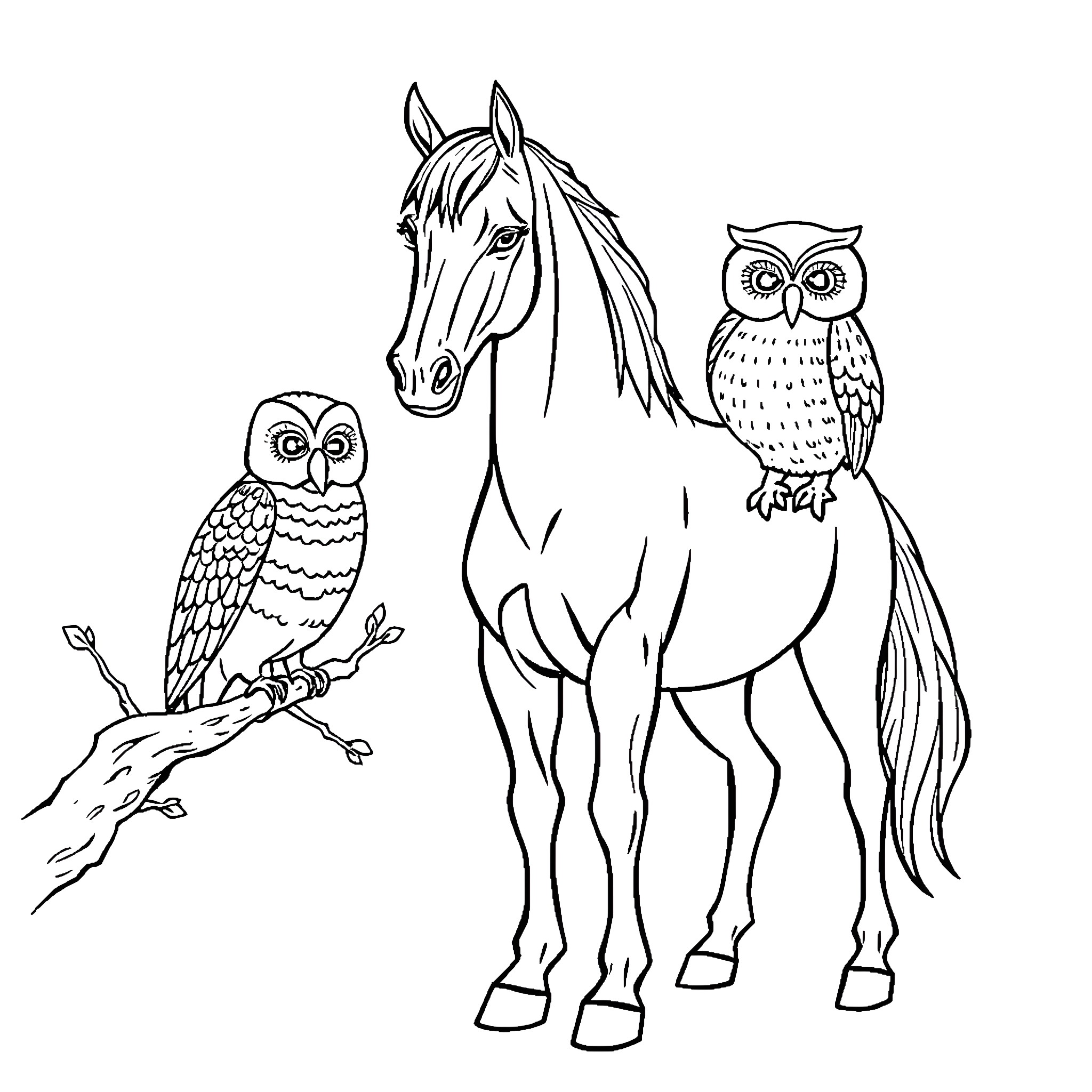 Horse standing among whimsical owls Coloring Page (free black-and-white line drawing printable PDF for all, from beginners to advanced learners, including children, teens, adults, and seniors)
