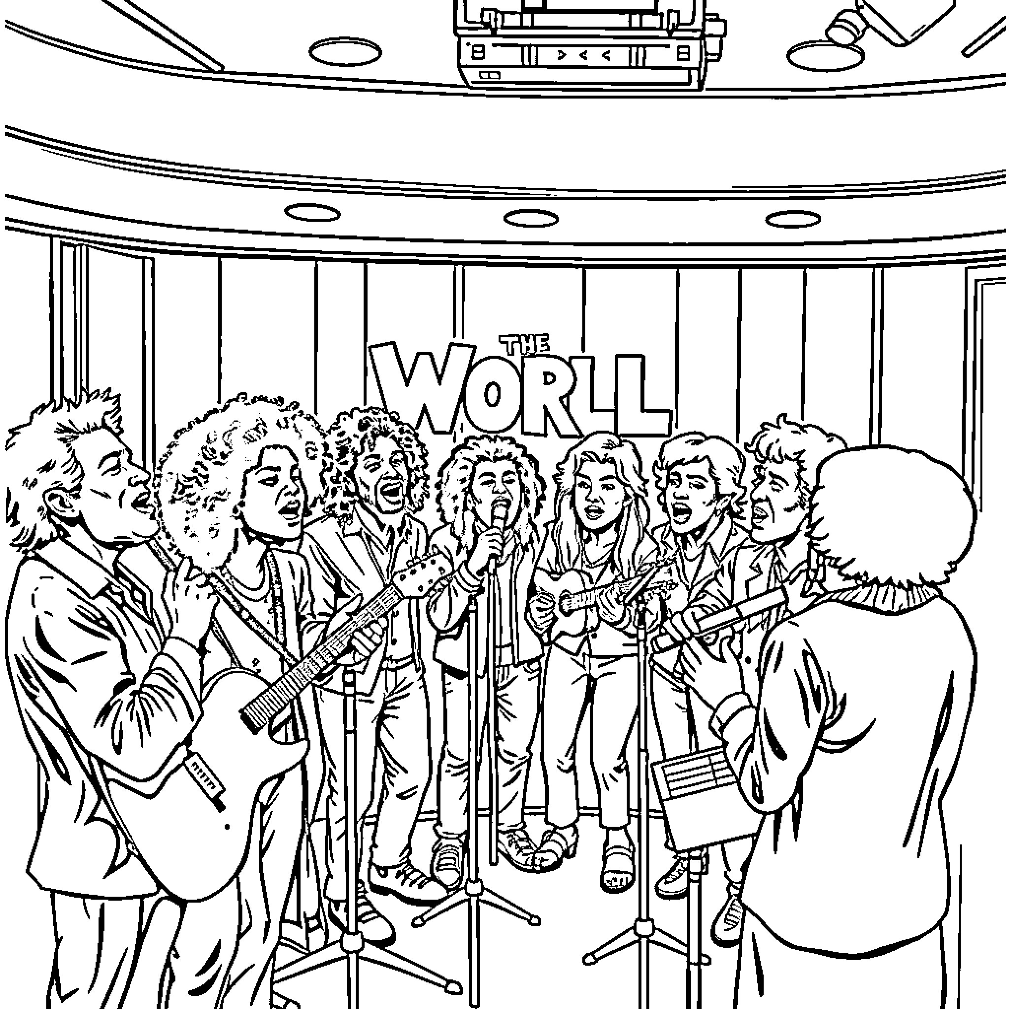 World Performing Band on Stage Coloring Page (free black-and-white line drawing printable PDF for all, from beginners to advanced learners, including children, teens, adults, and seniors)